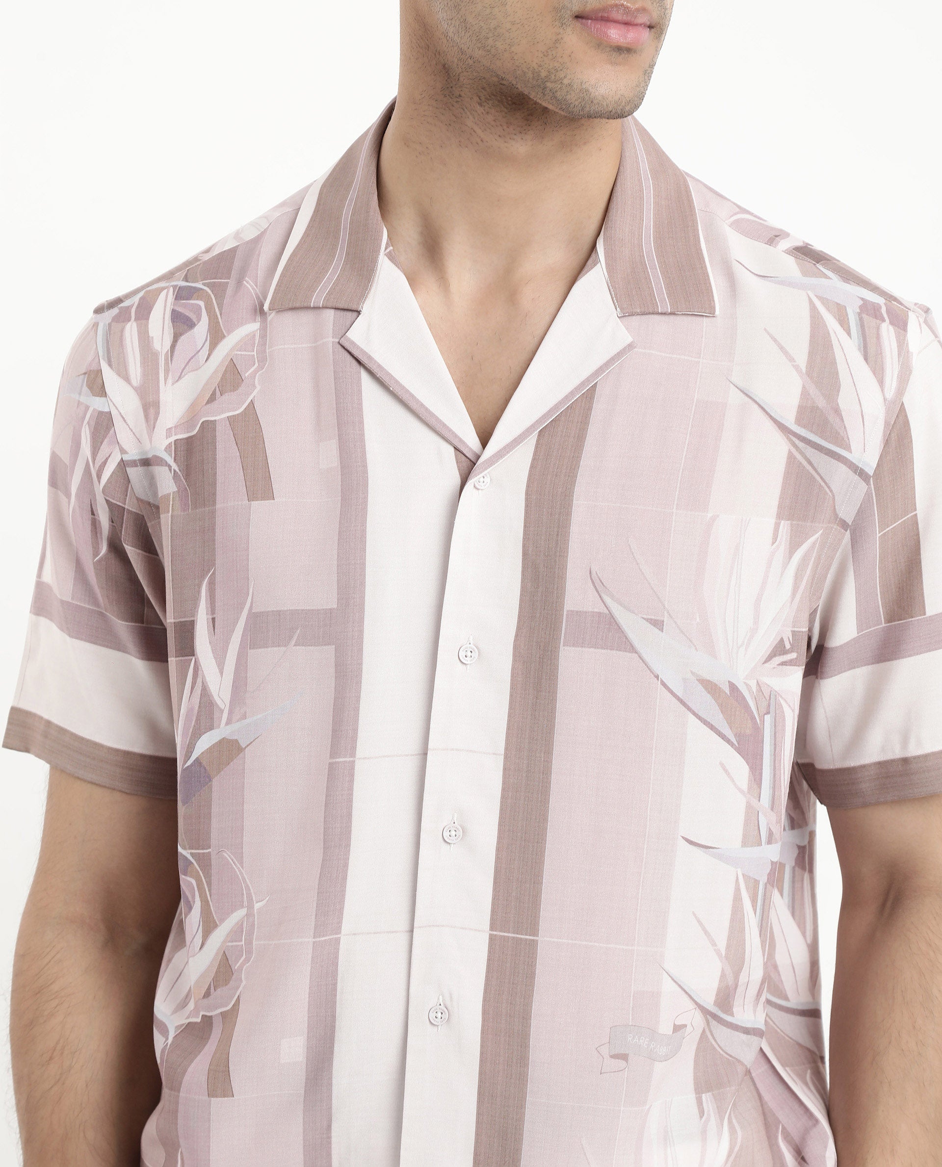 Rare Rabbit Men's Polis Beige Short Sleeve Cuban Collared Abstract Print Shirt