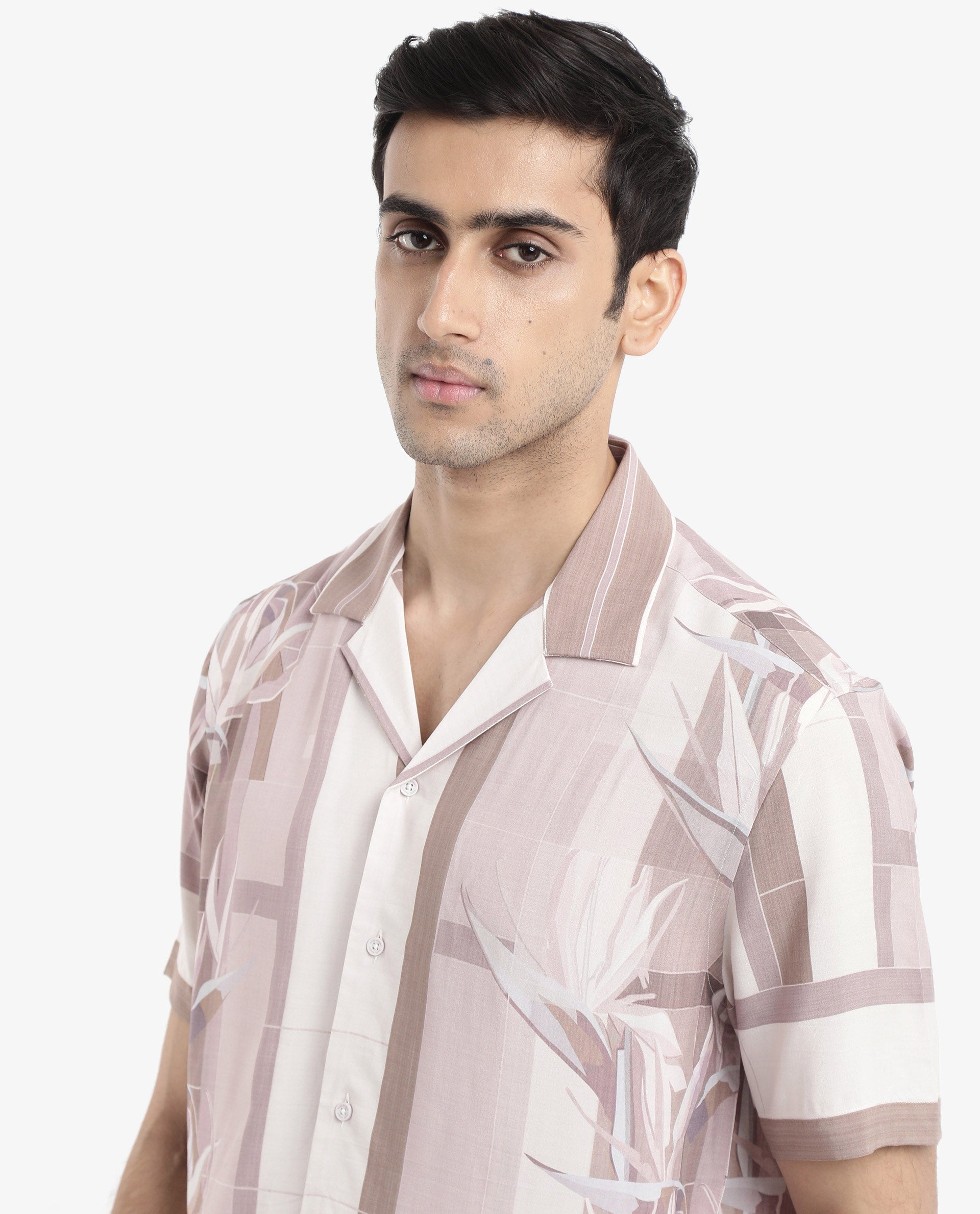Rare Rabbit Men's Polis Beige Short Sleeve Cuban Collared Abstract Print Shirt