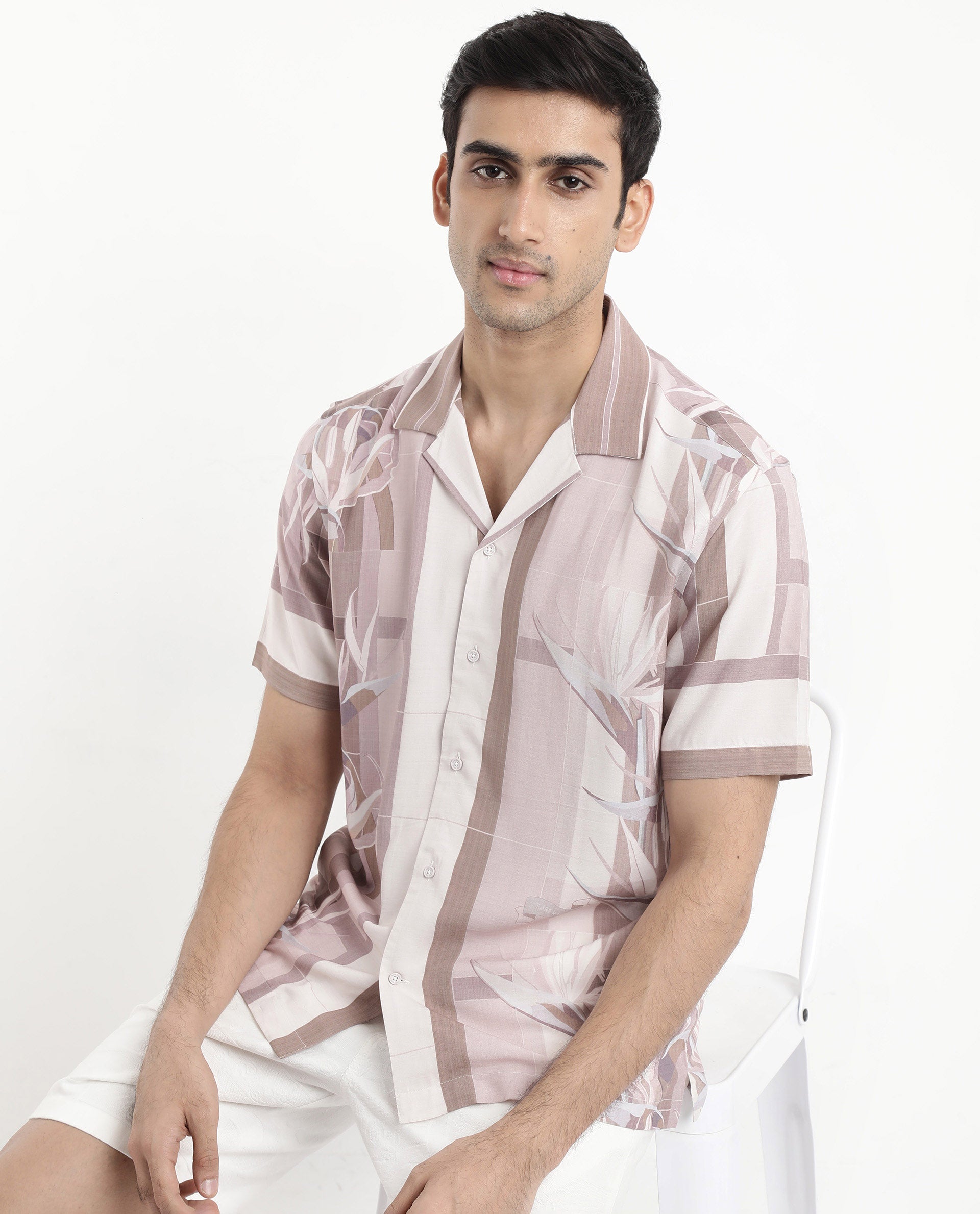 Rare Rabbit Men's Polis Beige Short Sleeve Cuban Collared Abstract Print Shirt