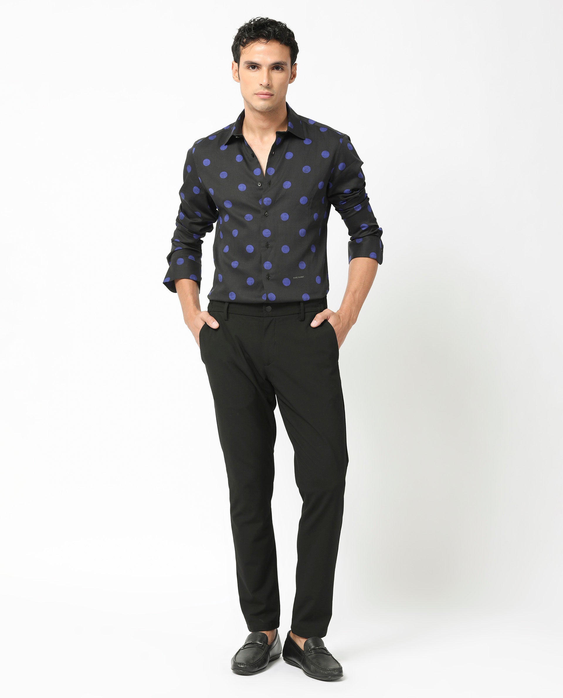 Rare Rabbit Men's Polko Black Modal Cotton Fabric Polka Dot Print Full Sleeves Shirt