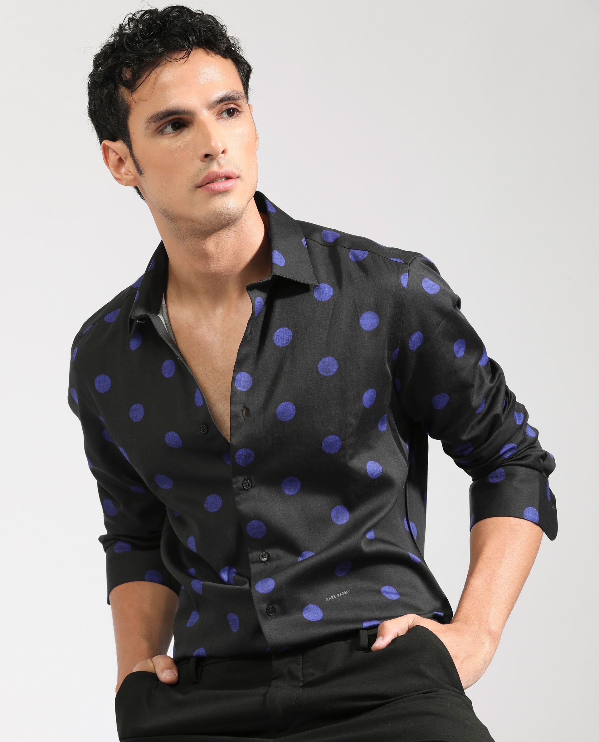 Rare Rabbit Men's Polko Black Modal Cotton Fabric Polka Dot Print Full Sleeves Shirt
