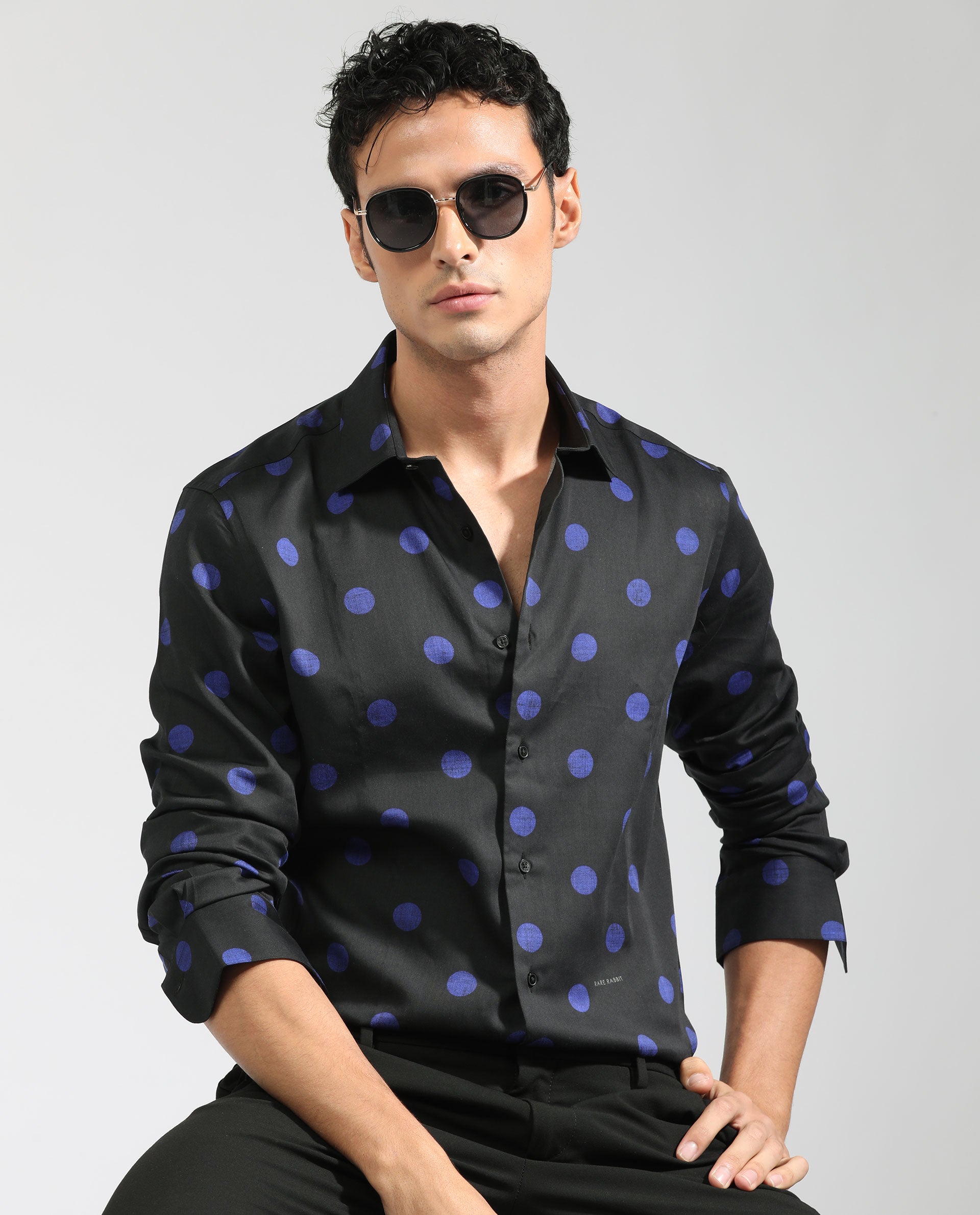 Rare Rabbit Men's Polko Black Modal Cotton Fabric Polka Dot Print Full Sleeves Shirt