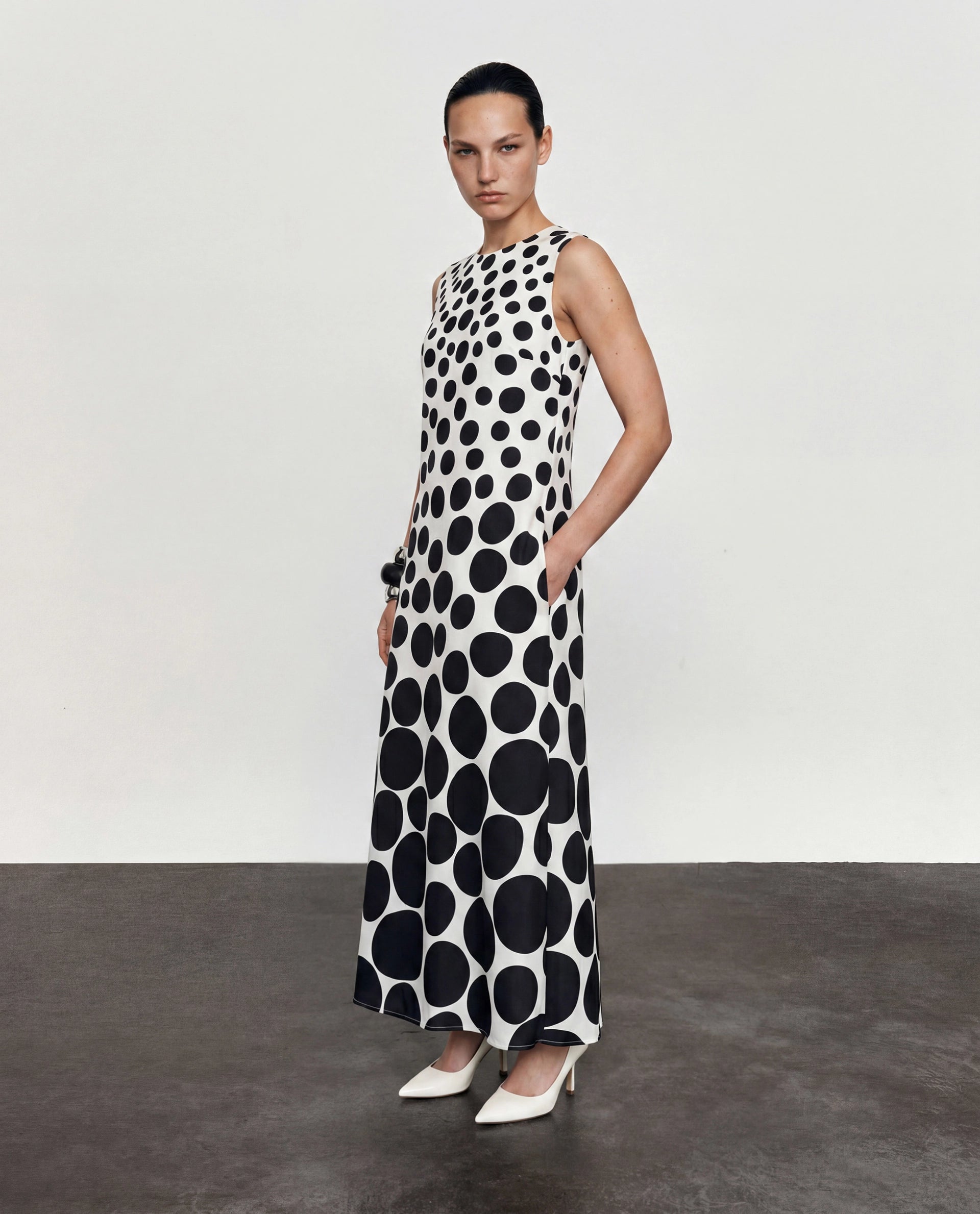 Rareism Women's Polko White Polyester Boat Neck Button And Zip Fitted Polka Print Dress