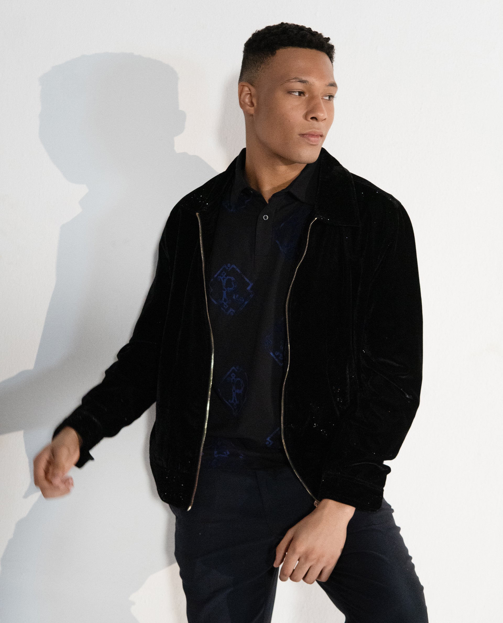 Rare Rabbit Men Roson Black Short Sleeve Regular Collar Button Closure Regular Premium Monogram Flock Print Polo