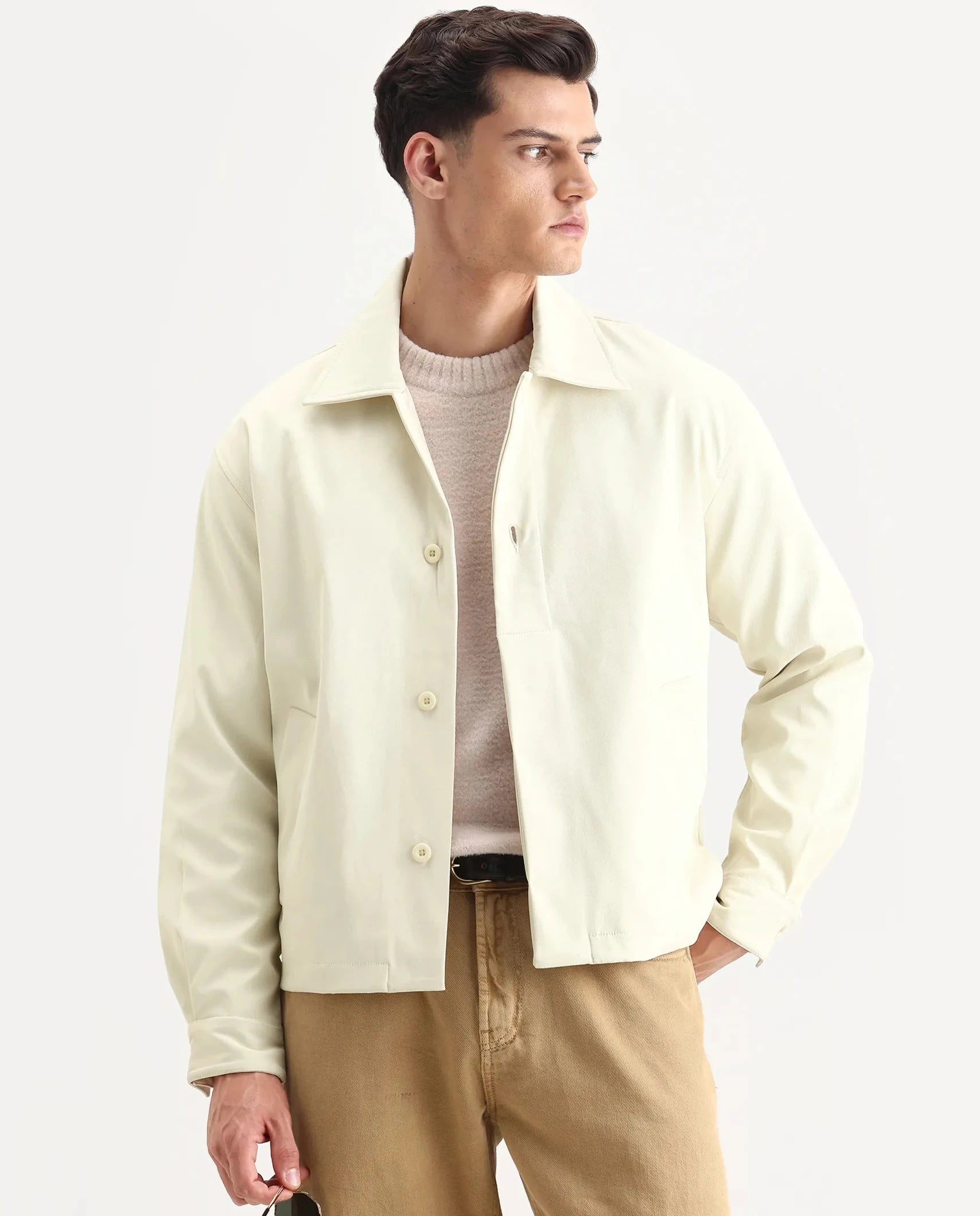 Rare Rabbit Men's Pomer Off White Polyester Fabric Collared Neck Relaxed Plain Jacket