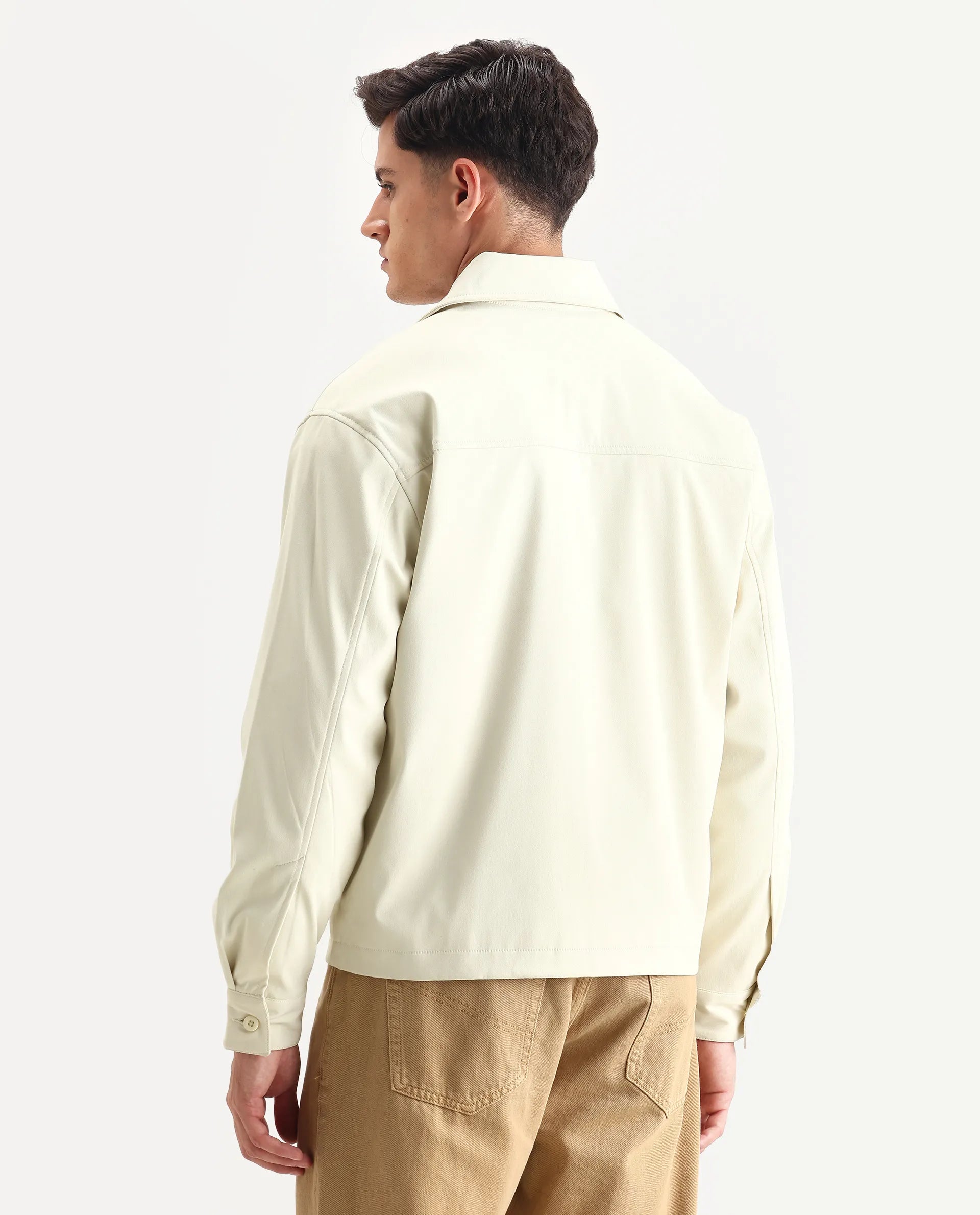 Rare Rabbit Men's Pomer Off White Polyester Fabric Collared Neck Relaxed Plain Jacket