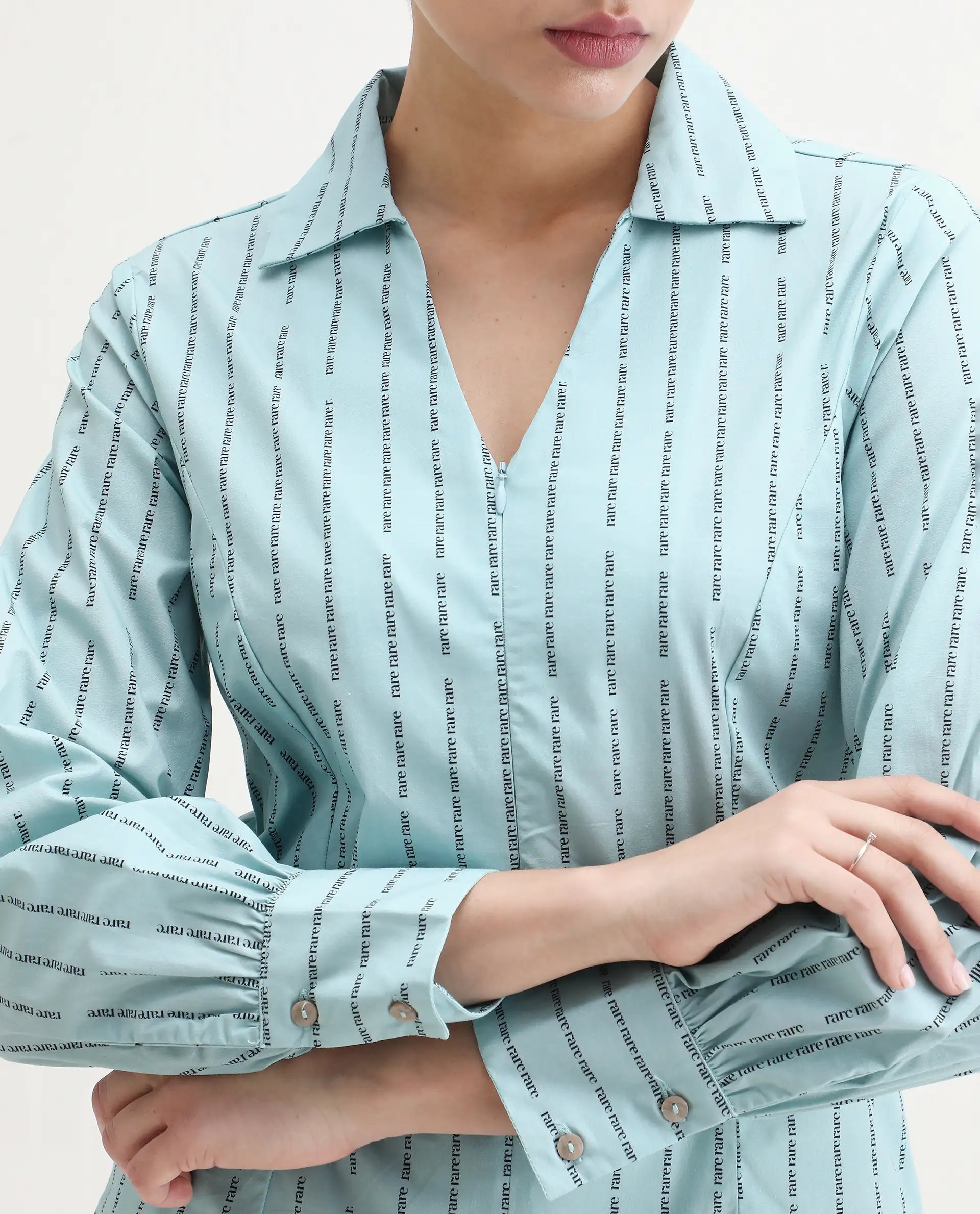 Rareism Women's Pomo Light Blue Cotton Johnny Collar Typography Print Cuffed Sleeve Regular Fit Top