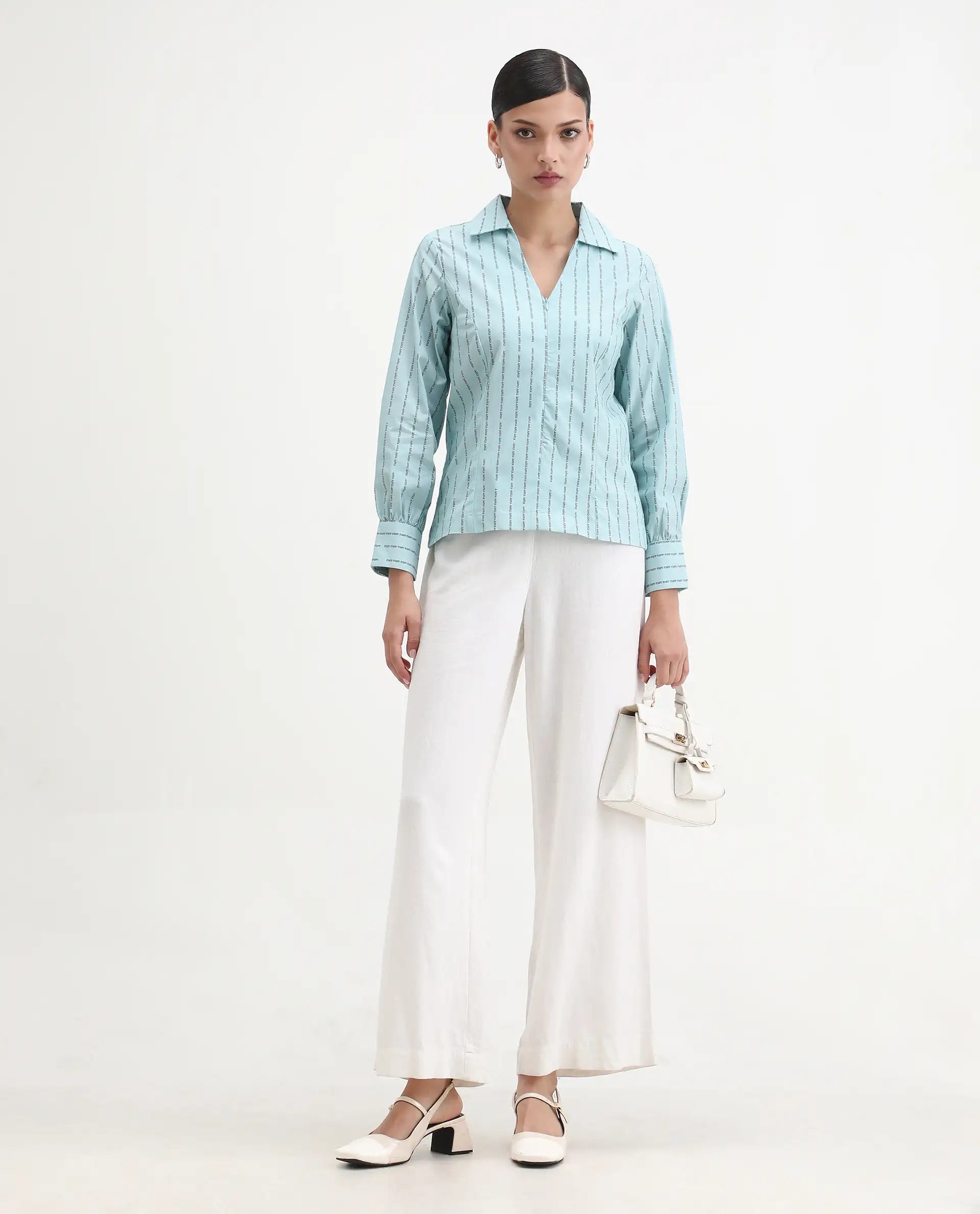 Rareism Women's Pomo Light Blue Cotton Johnny Collar Typography Print Cuffed Sleeve Regular Fit Top