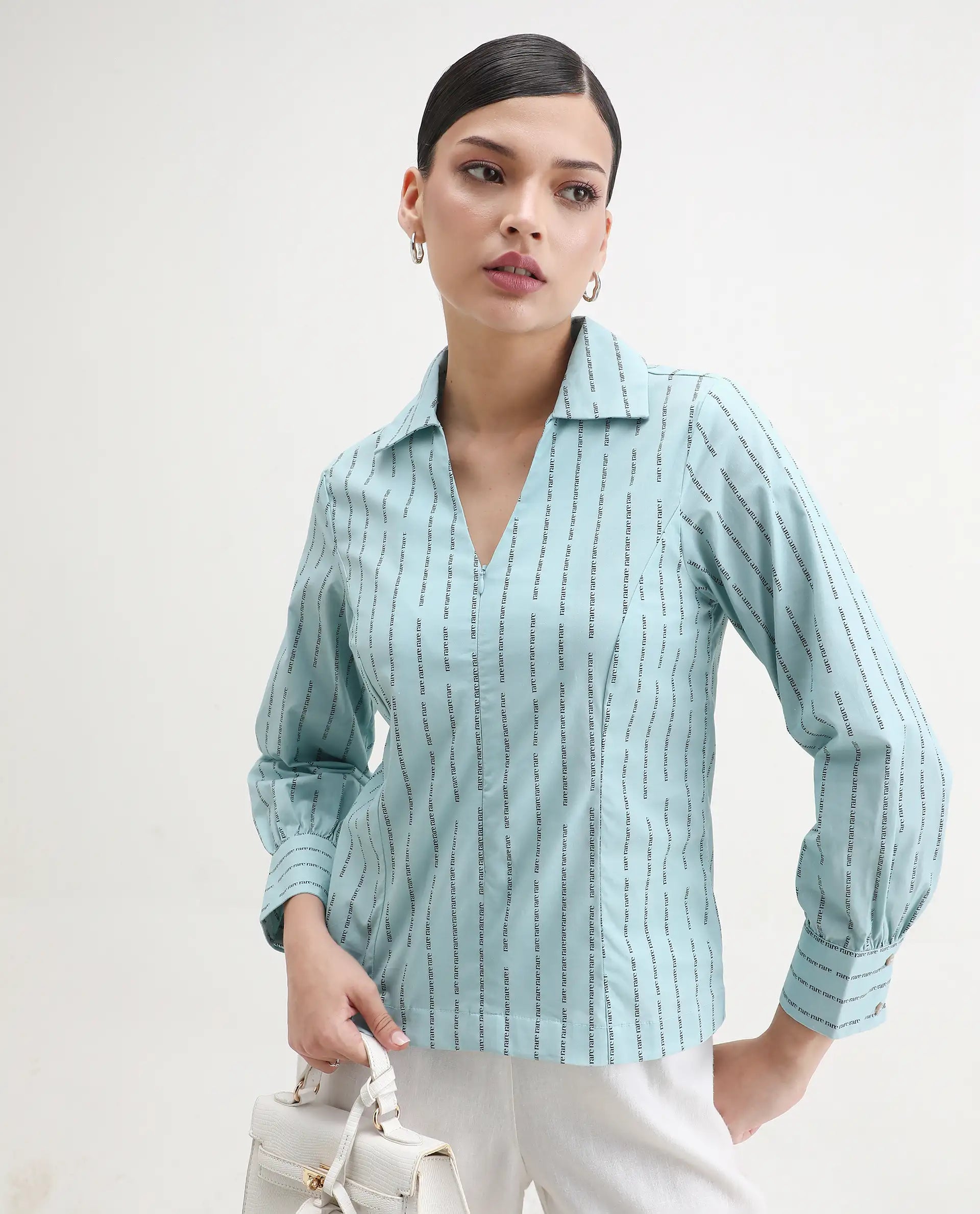 Rareism Women's Pomo Light Blue Cotton Johnny Collar Typography Print Cuffed Sleeve Regular Fit Top