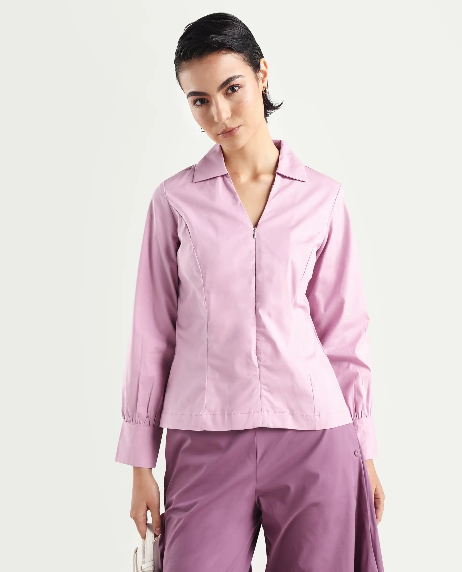 Rareism Women's Pomogra Light Pink Cotton Johnny Collar Plain Cuffed Sleeve Regular Fit Top