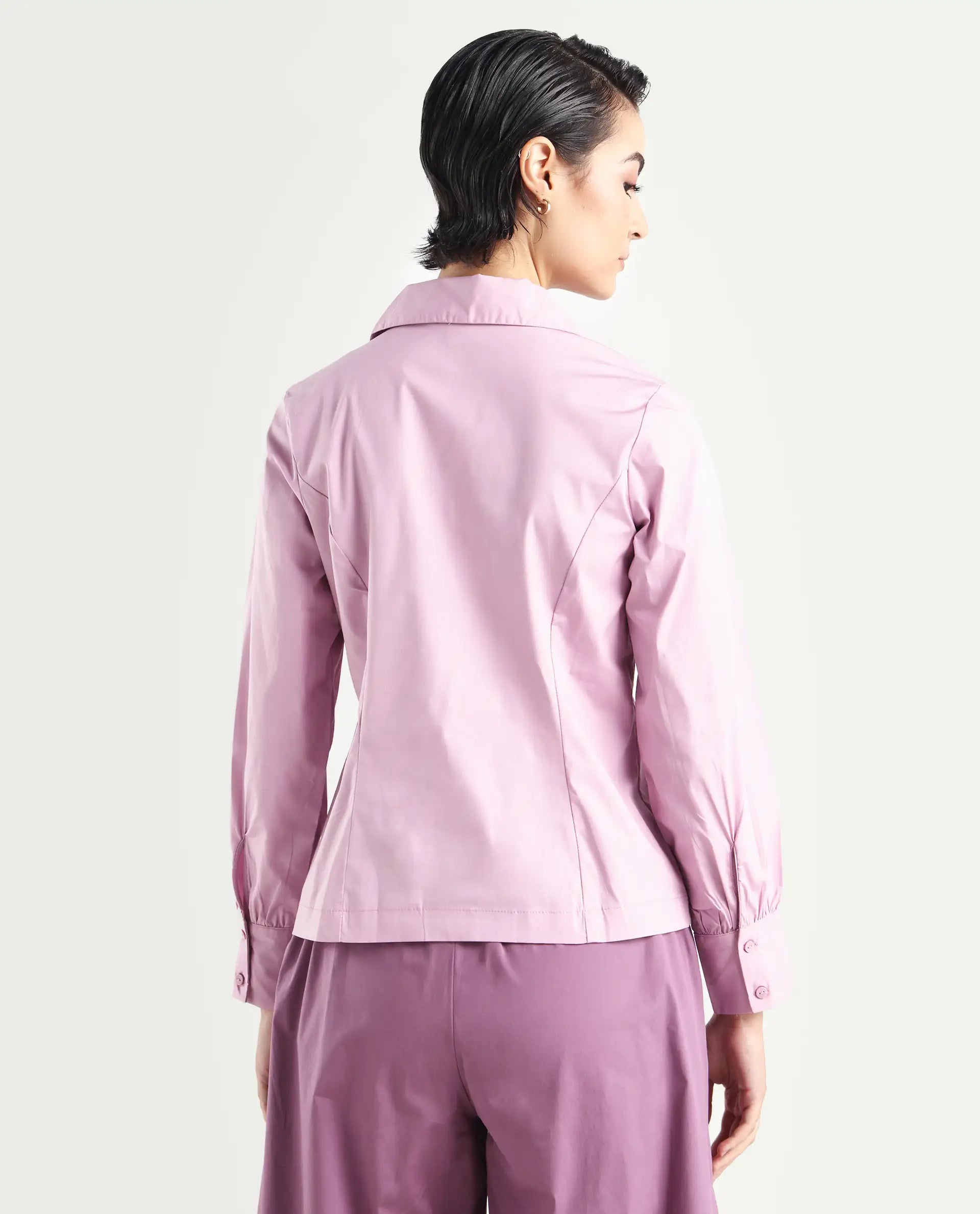 Rareism Women's Pomogra Light Pink Cotton Johnny Collar Plain Cuffed Sleeve Regular Fit Top