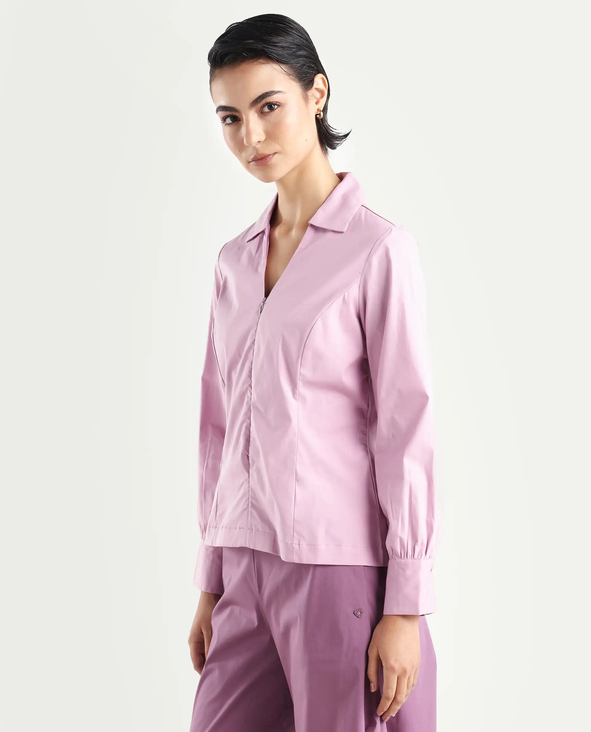 Rareism Women's Pomogra Light Pink Cotton Johnny Collar Plain Cuffed Sleeve Regular Fit Top