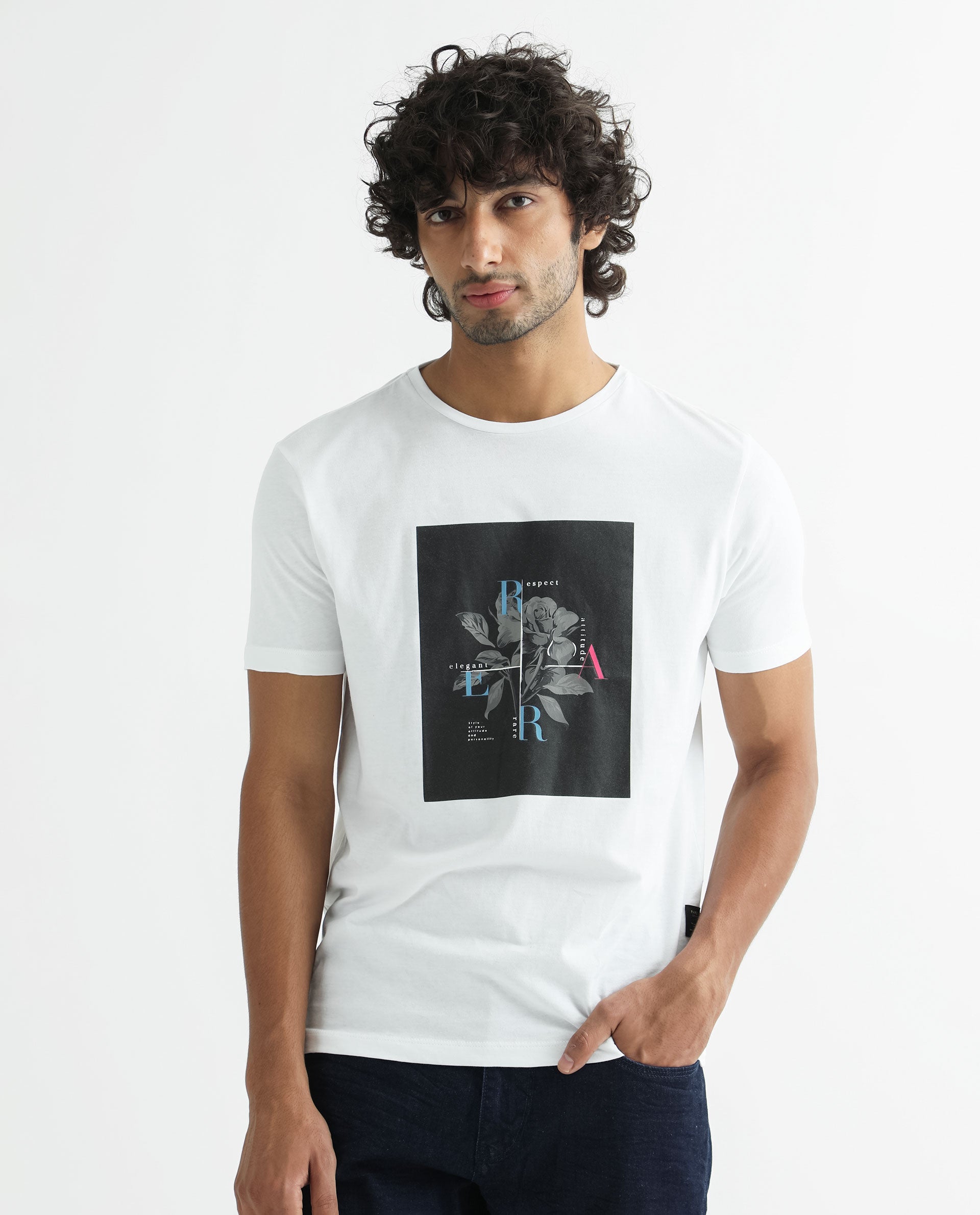 Rare Rabbit Men's Ponks White Crew Neck Graphic Print T-Shirt