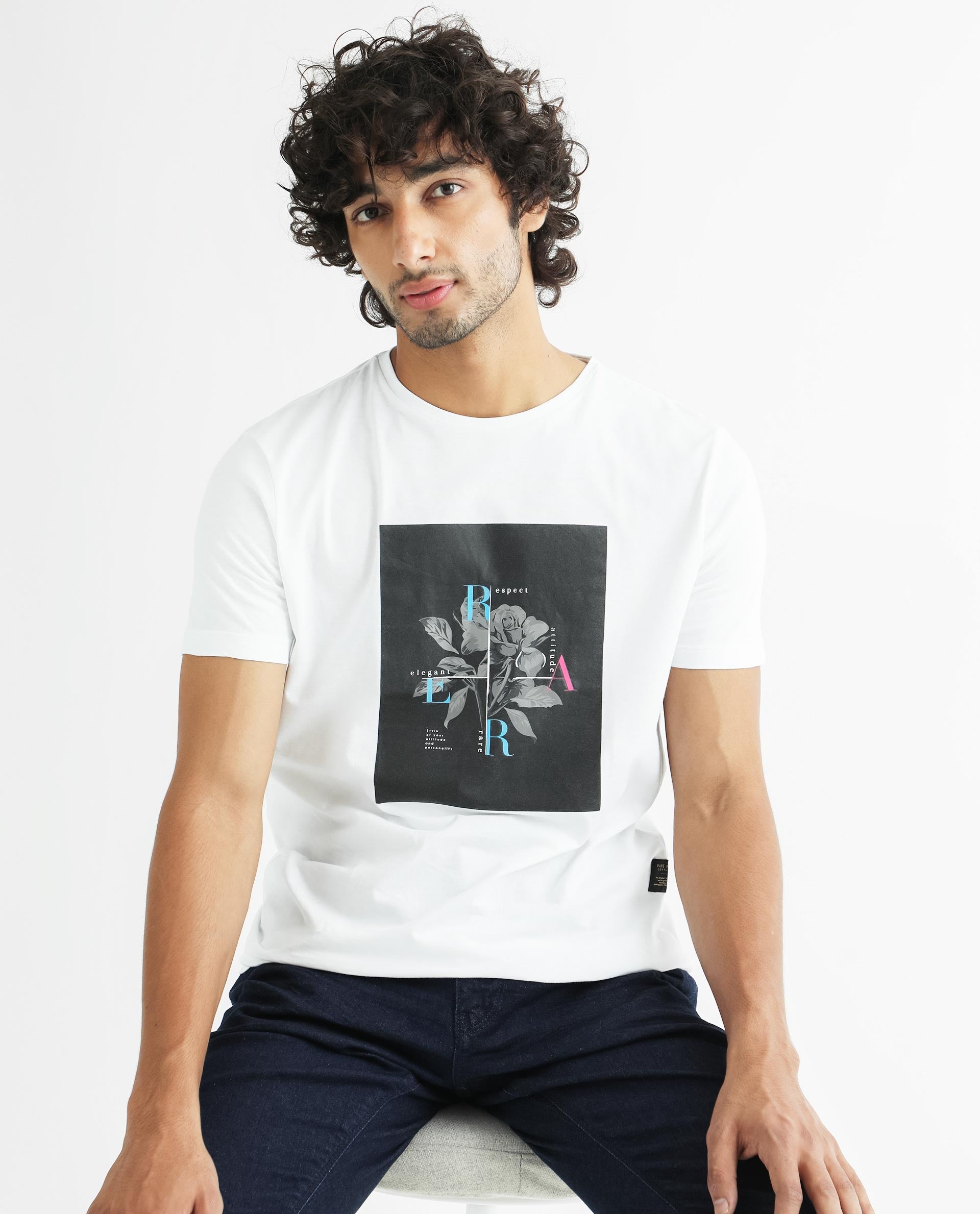 Rare Rabbit Men's Ponks White Crew Neck Graphic Print T-Shirt