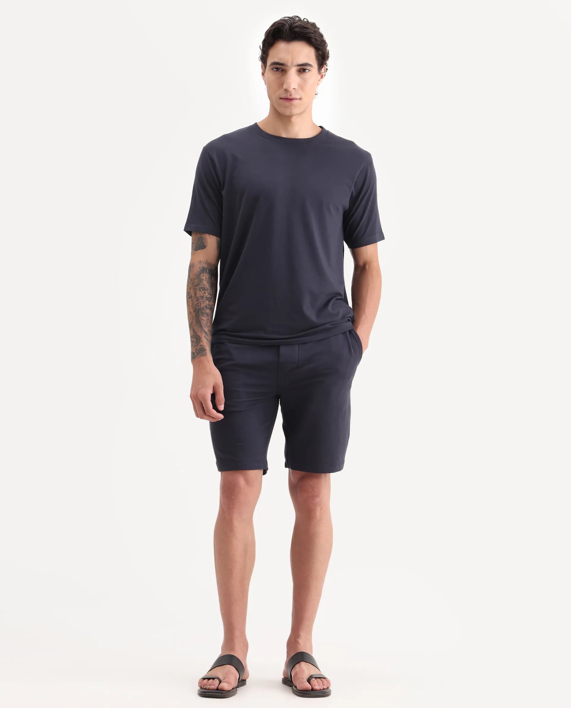 Rare Rabbit Men's Pont Navy Cotton Blend Fabric Relaxed Fit Plain Stretchable Shorts