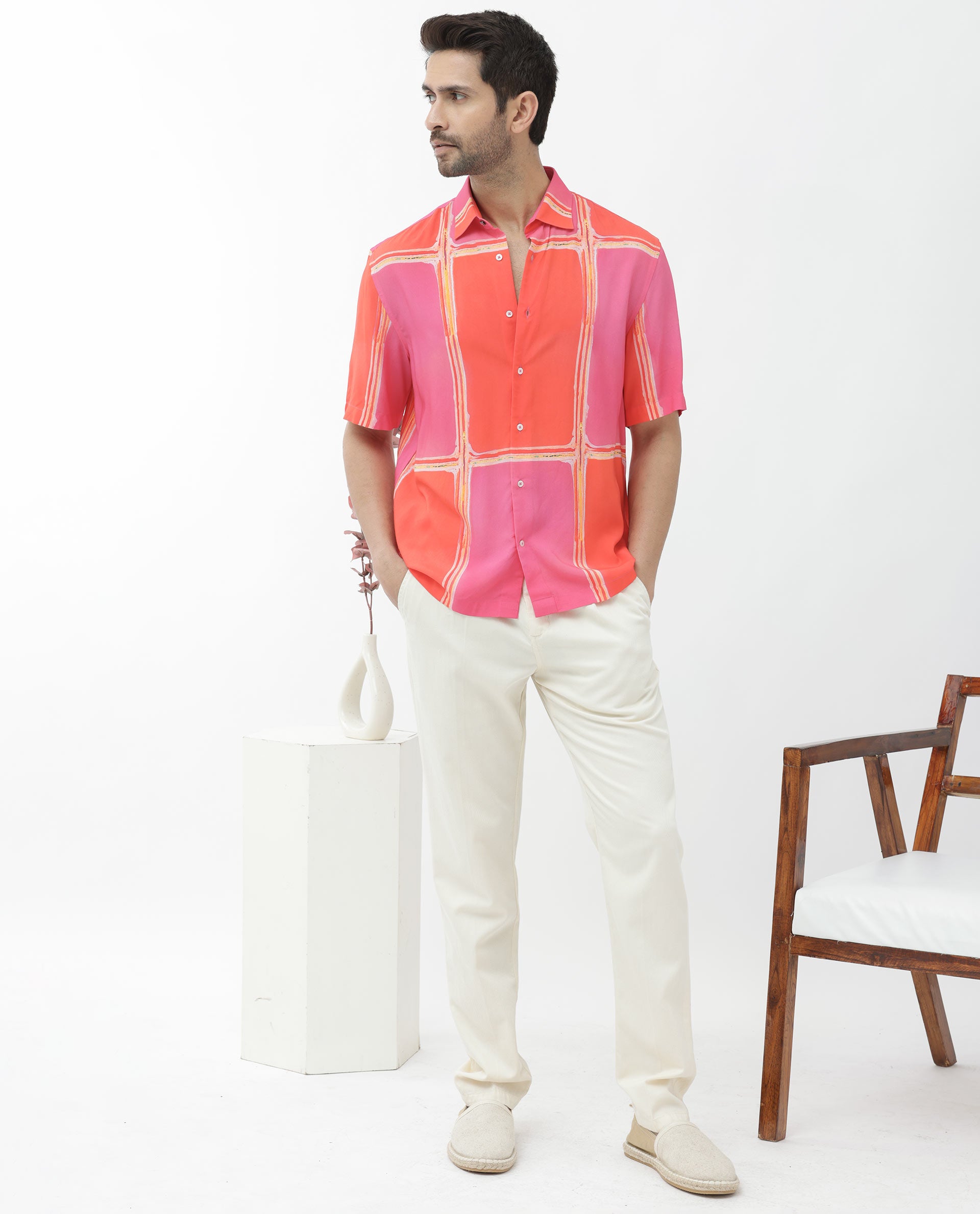 Rare Rabbit Mens Popper Dark Pink Viscose Fabric Short Sleeve Boxy Fit Colorblock Windowpane Check Print Shirt