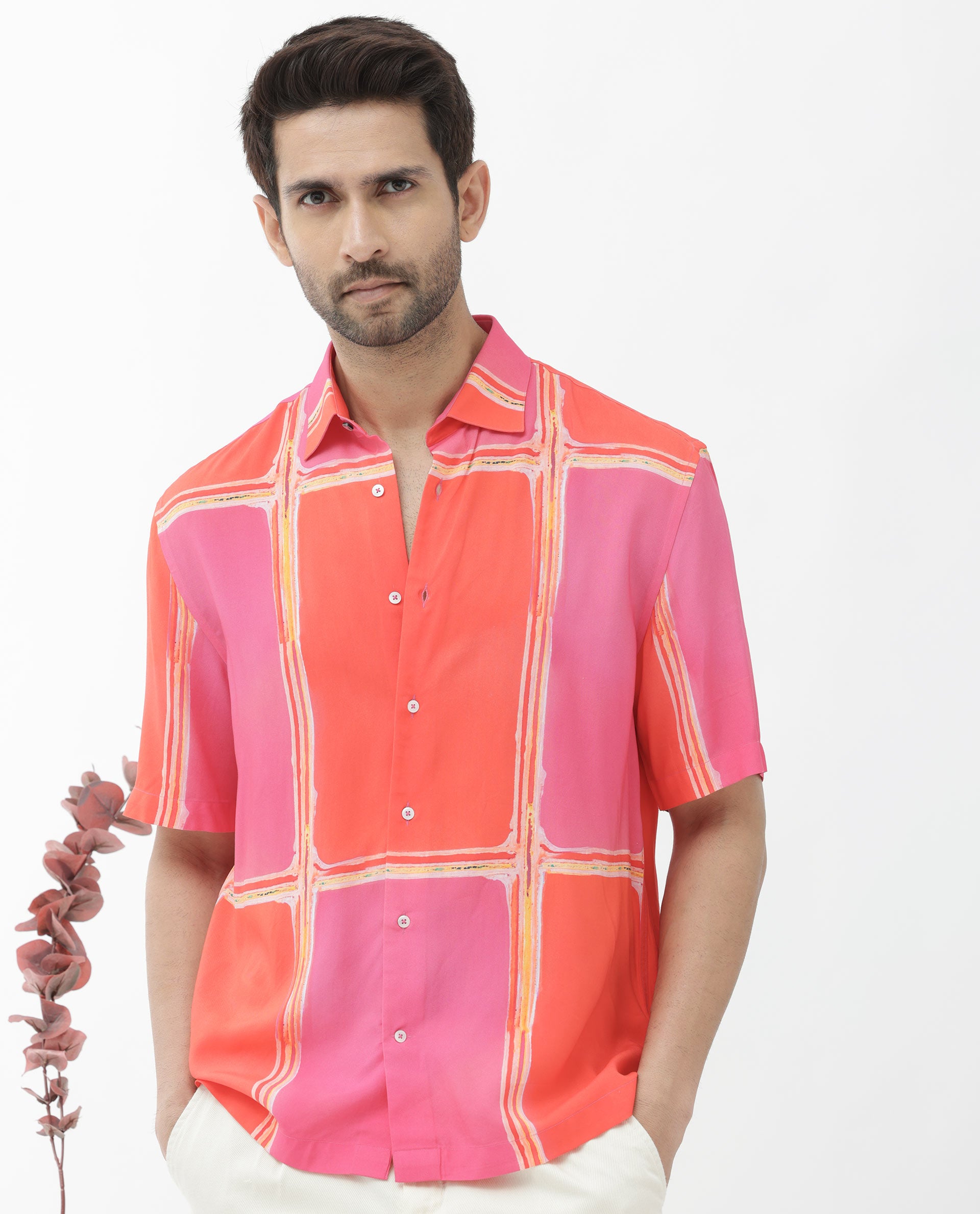 Rare Rabbit Mens Popper Dark Pink Viscose Fabric Short Sleeve Boxy Fit Colorblock Windowpane Check Print Shirt