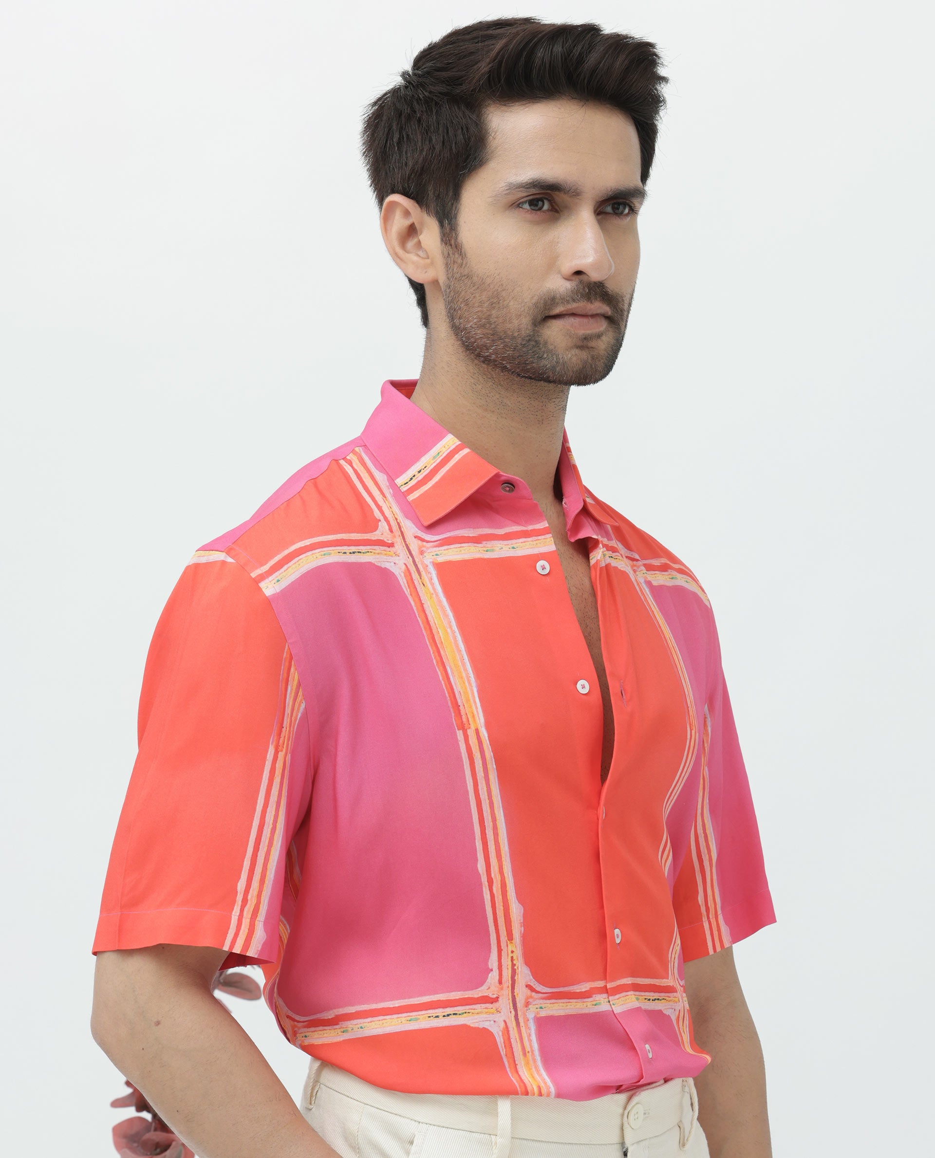 Rare Rabbit Mens Popper Dark Pink Viscose Fabric Short Sleeve Boxy Fit Colorblock Windowpane Check Print Shirt