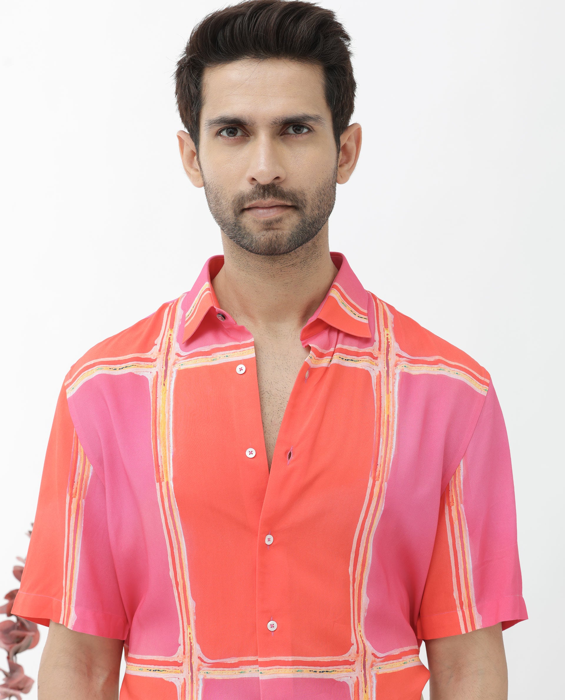 Rare Rabbit Mens Popper Dark Pink Viscose Fabric Short Sleeve Boxy Fit Colorblock Windowpane Check Print Shirt