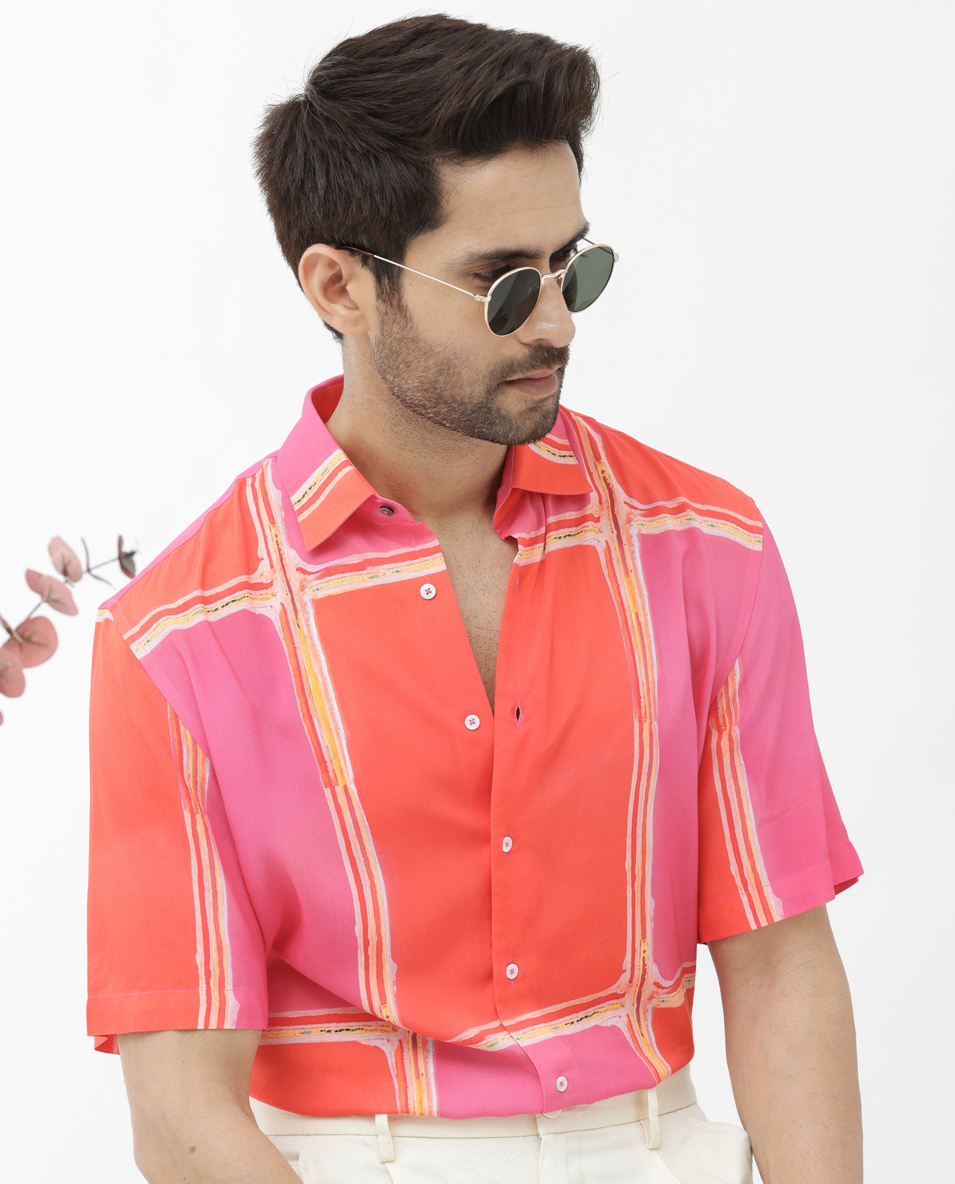 Rare Rabbit Mens Popper Dark Pink Viscose Fabric Short Sleeve Boxy Fit Colorblock Windowpane Check Print Shirt