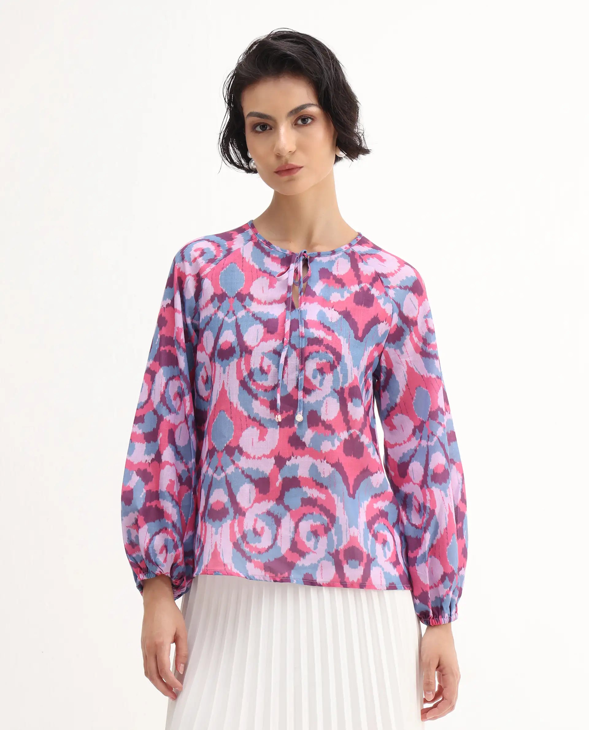 Rareism Women's Portia Multi Linen Tie-Up Neck Abstract Print Raglan Sleeve Regular Fit Top