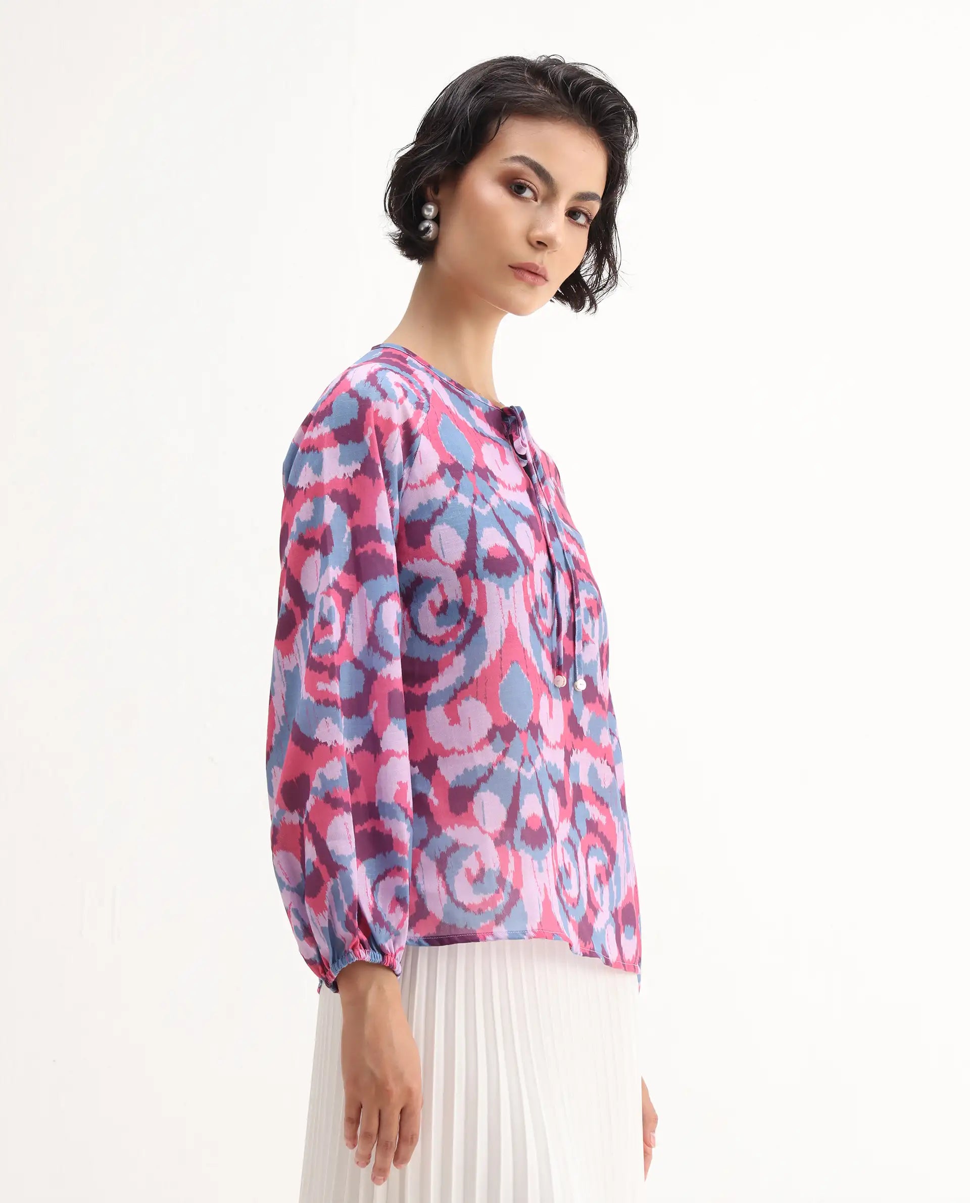 Rareism Women's Portia Multi Linen Tie-Up Neck Abstract Print Raglan Sleeve Regular Fit Top