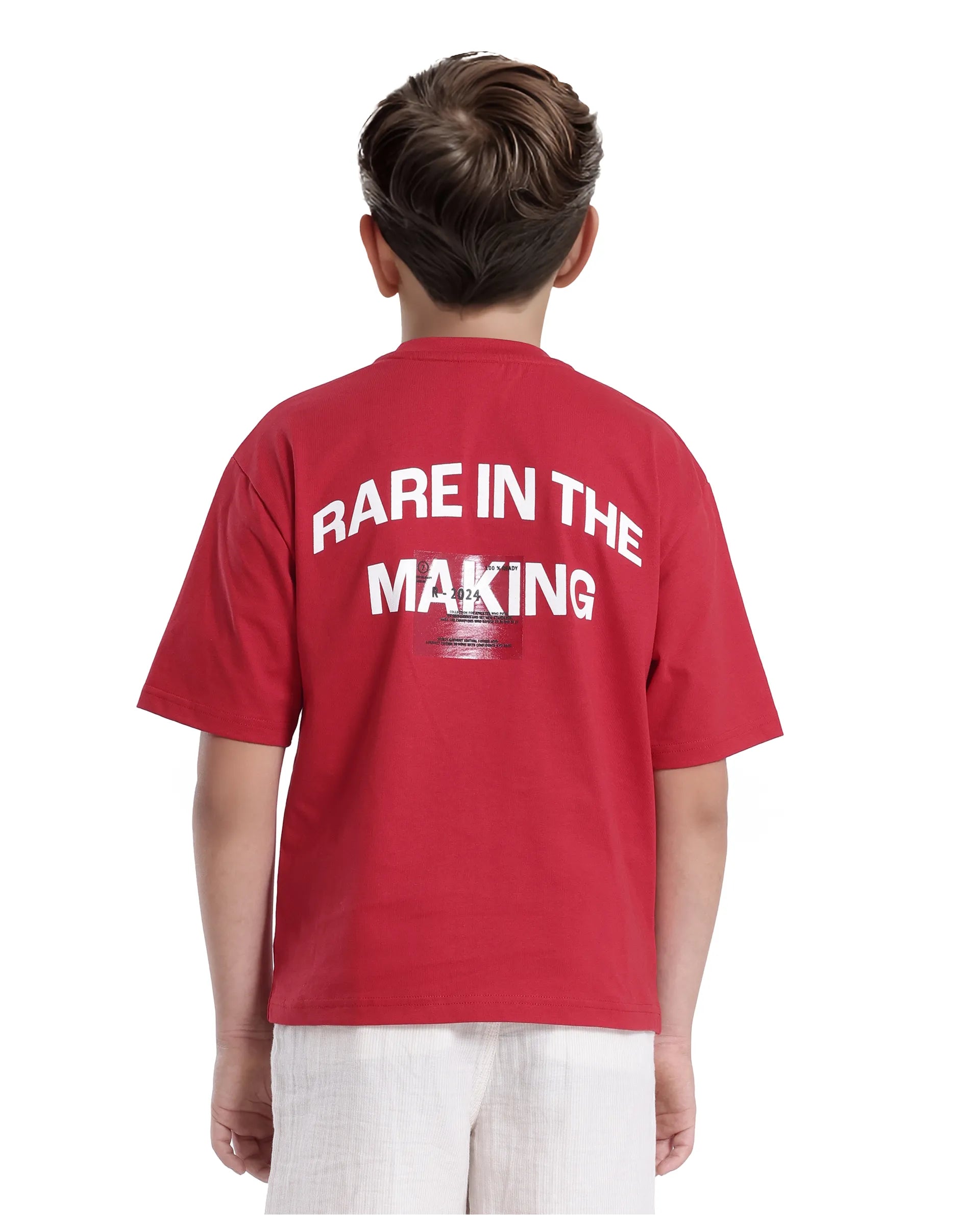 Rare Ones Kids Portz Light Red Cotton Short Sleeve Crew Neck Boxy Fit Printed T-Shirt