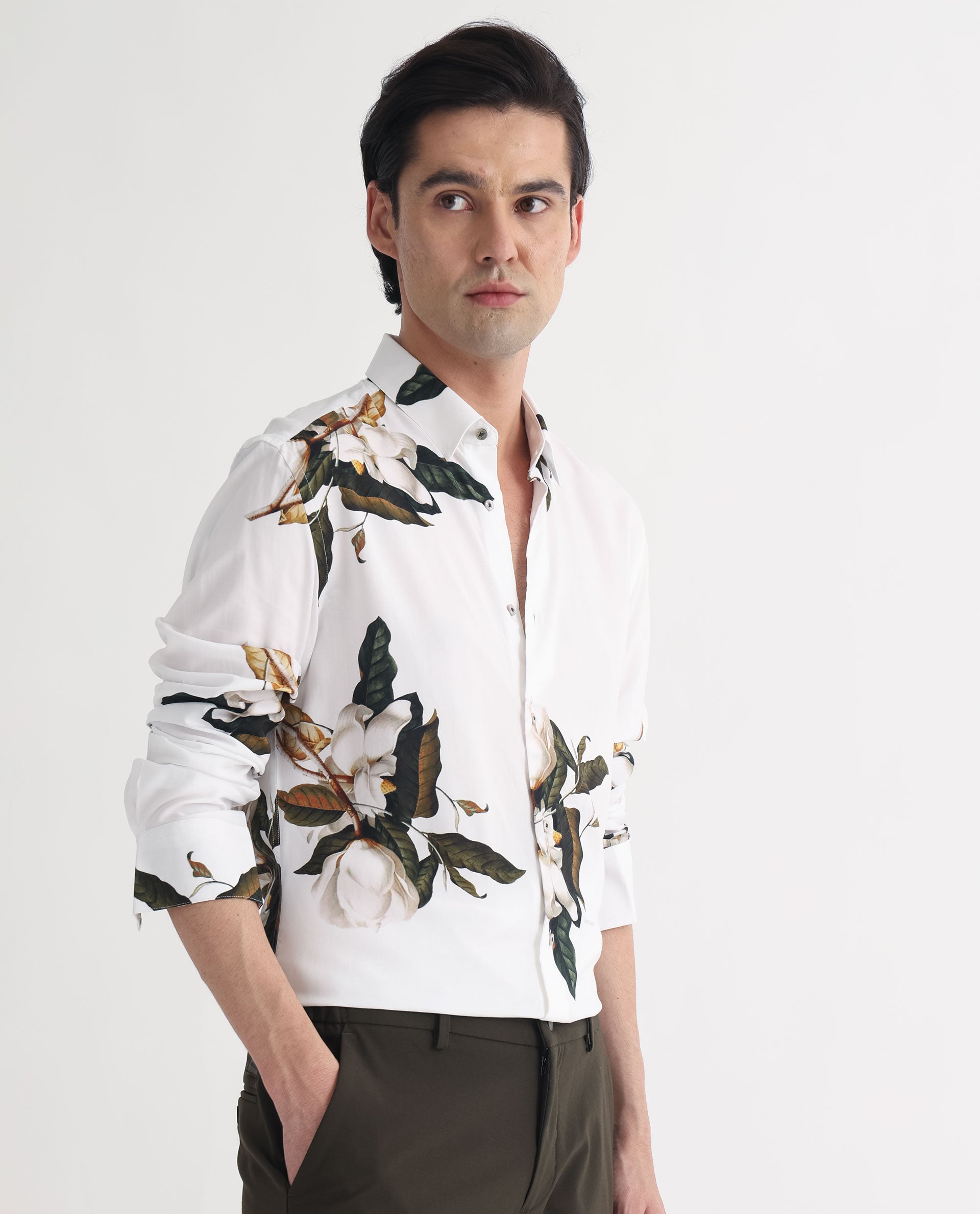 Rare Rabbit Men's Poseidon White Viscose Fabric Floral Print Full Sleeves Shirt