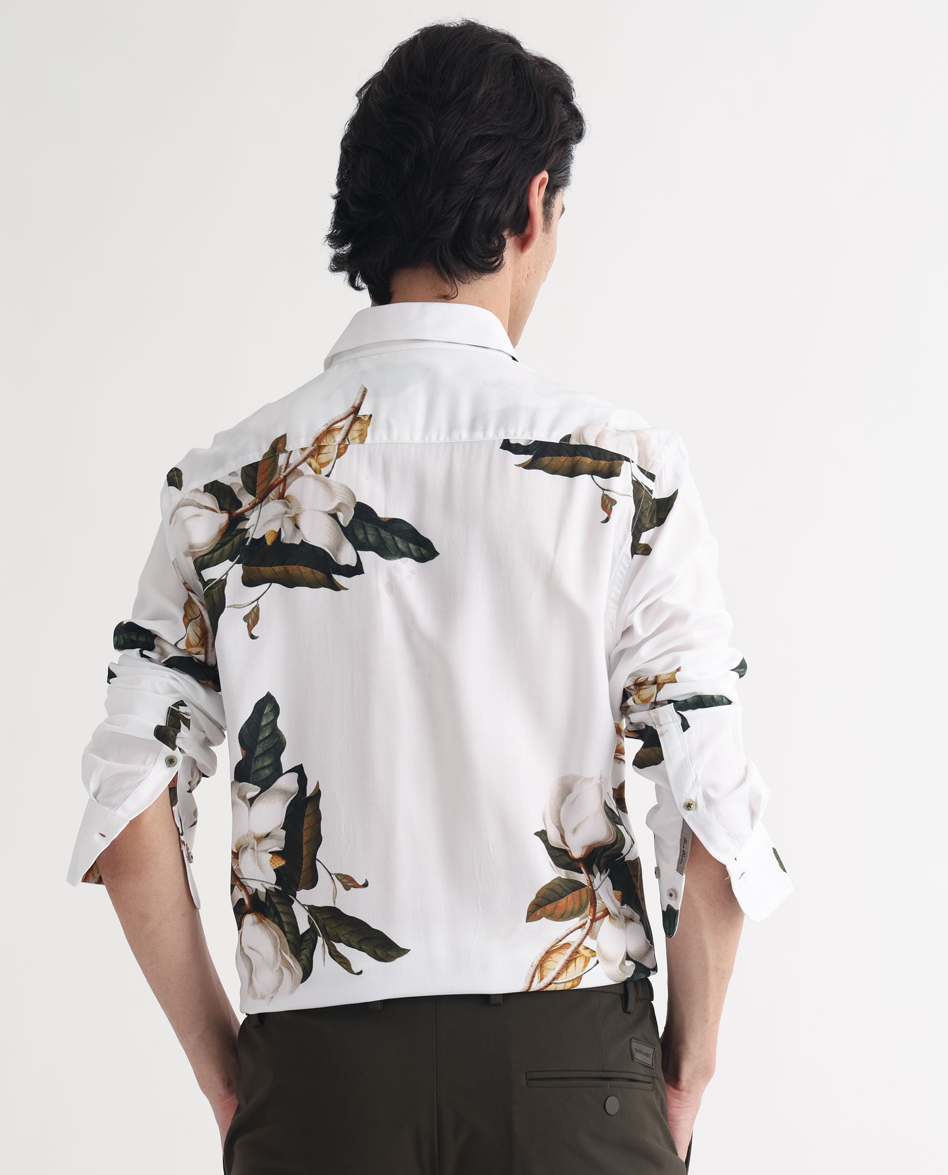 Rare Rabbit Men's Poseidon White Viscose Fabric Floral Print Full Sleeves Shirt