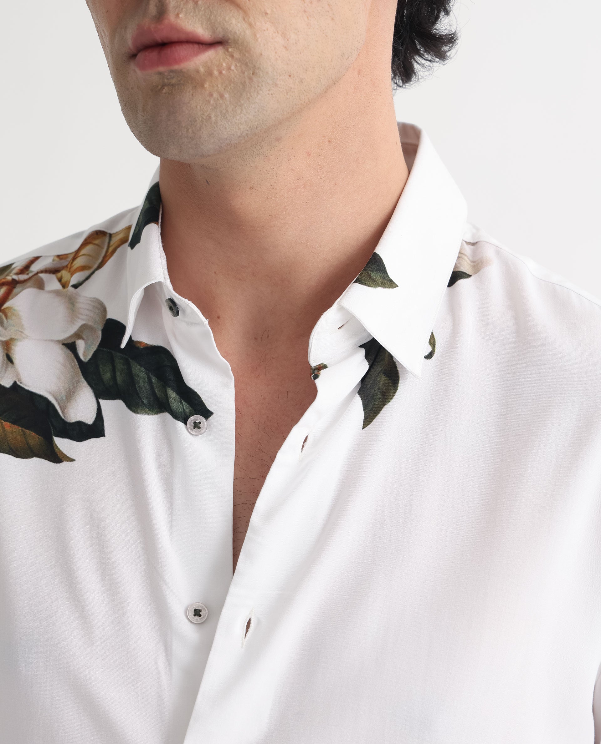 Rare Rabbit Men's Poseidon White Viscose Fabric Floral Print Full Sleeves Shirt