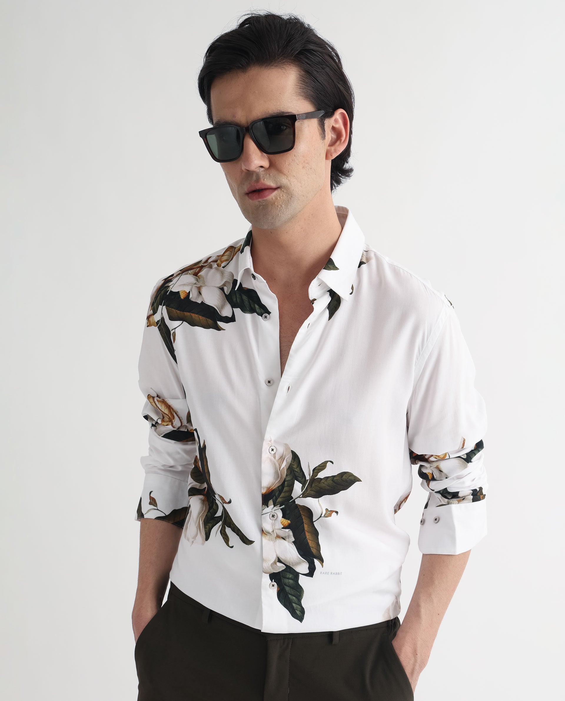 Rare Rabbit Men's Poseidon White Viscose Fabric Floral Print Full Sleeves Shirt