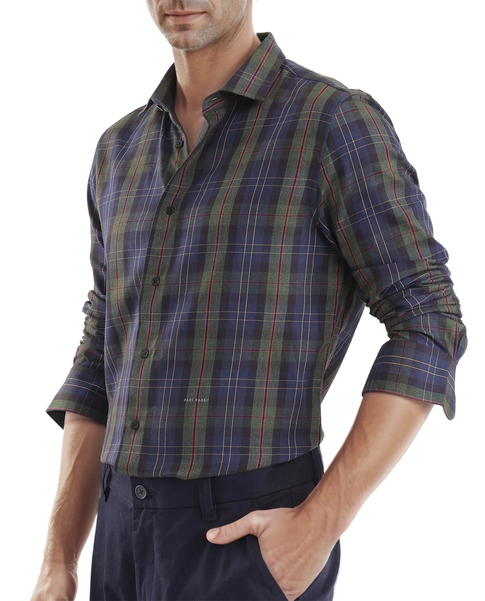 Rare Rabbit Men's Pospe Dark Green Cotton Fabric Full Sleeve Regular Fit Checks Shirt