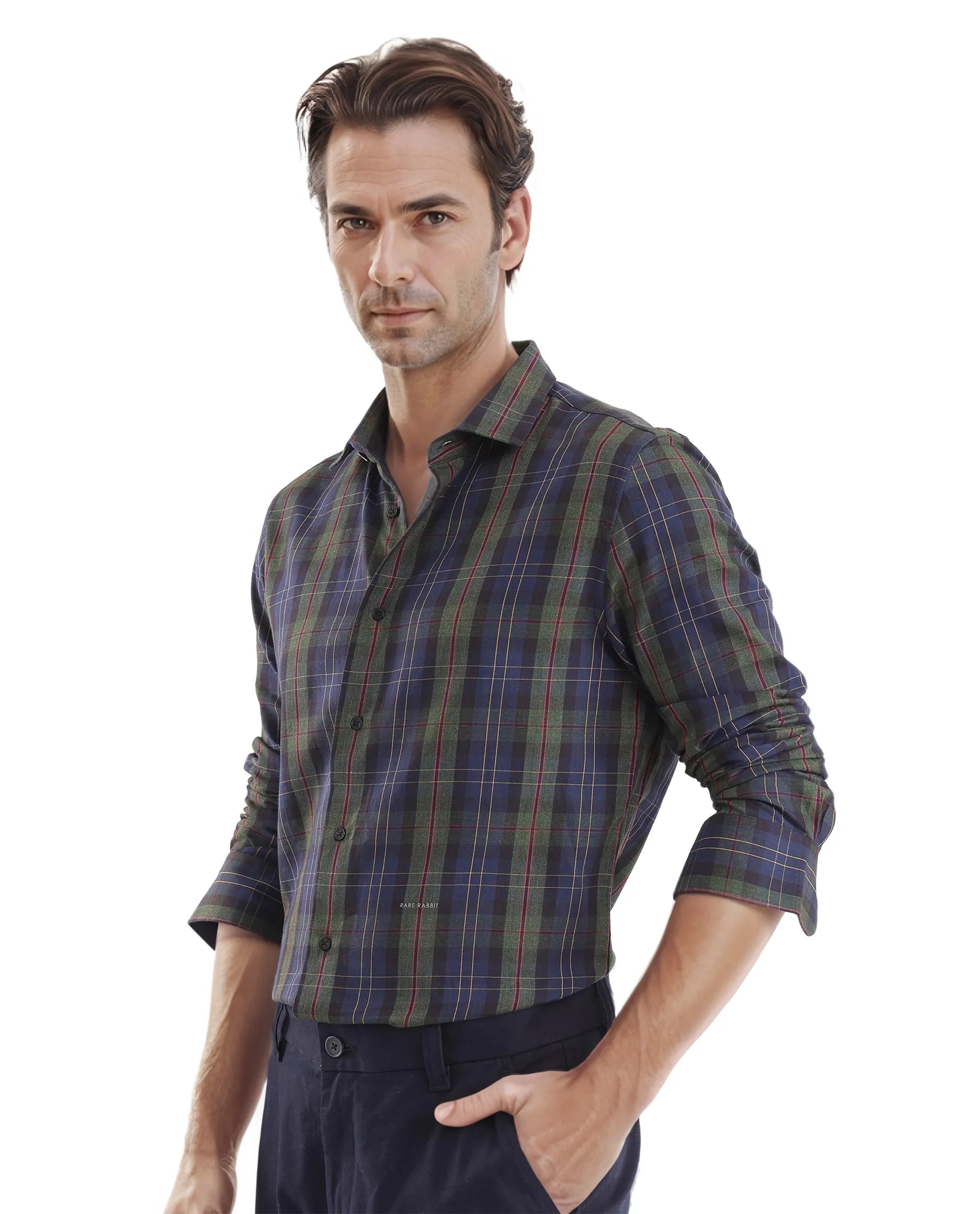 Rare Rabbit Men's Pospe Dark Green Cotton Fabric Full Sleeve Regular Fit Checks Shirt