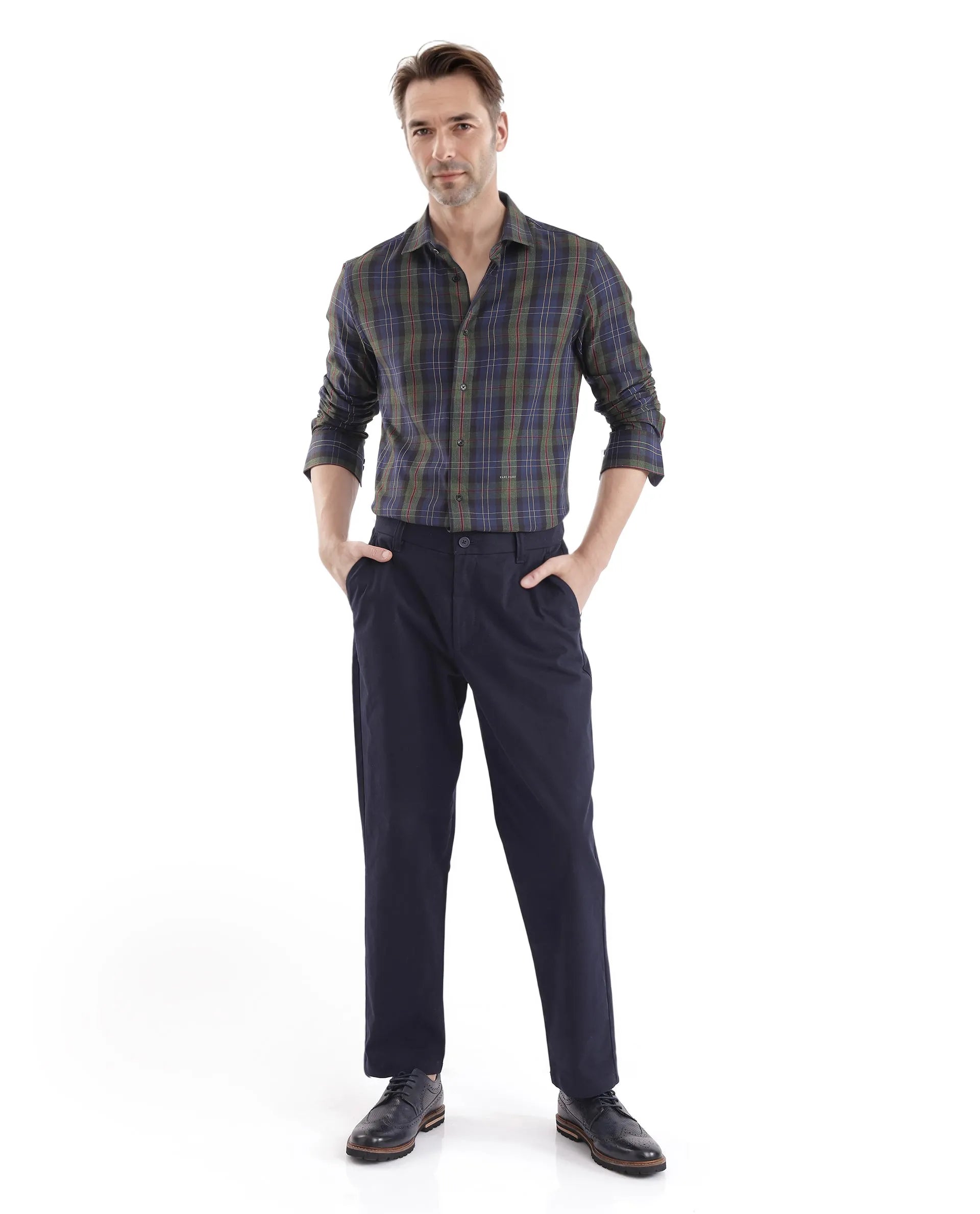 Rare Rabbit Men's Pospe Dark Green Cotton Fabric Full Sleeve Regular Fit Checks Shirt