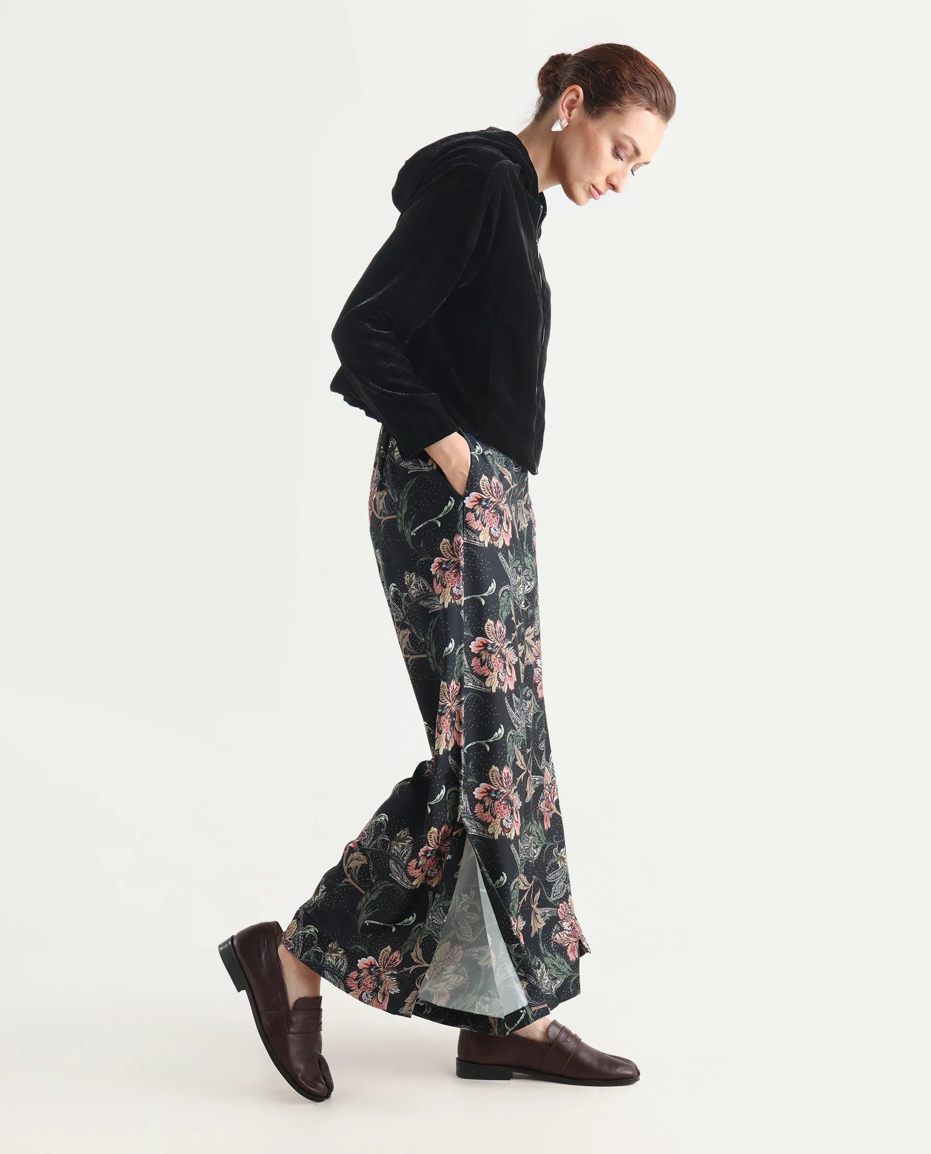 Rareism Women's Posria Multi Polyester Tropical Print Ankle Length Flared Trouser