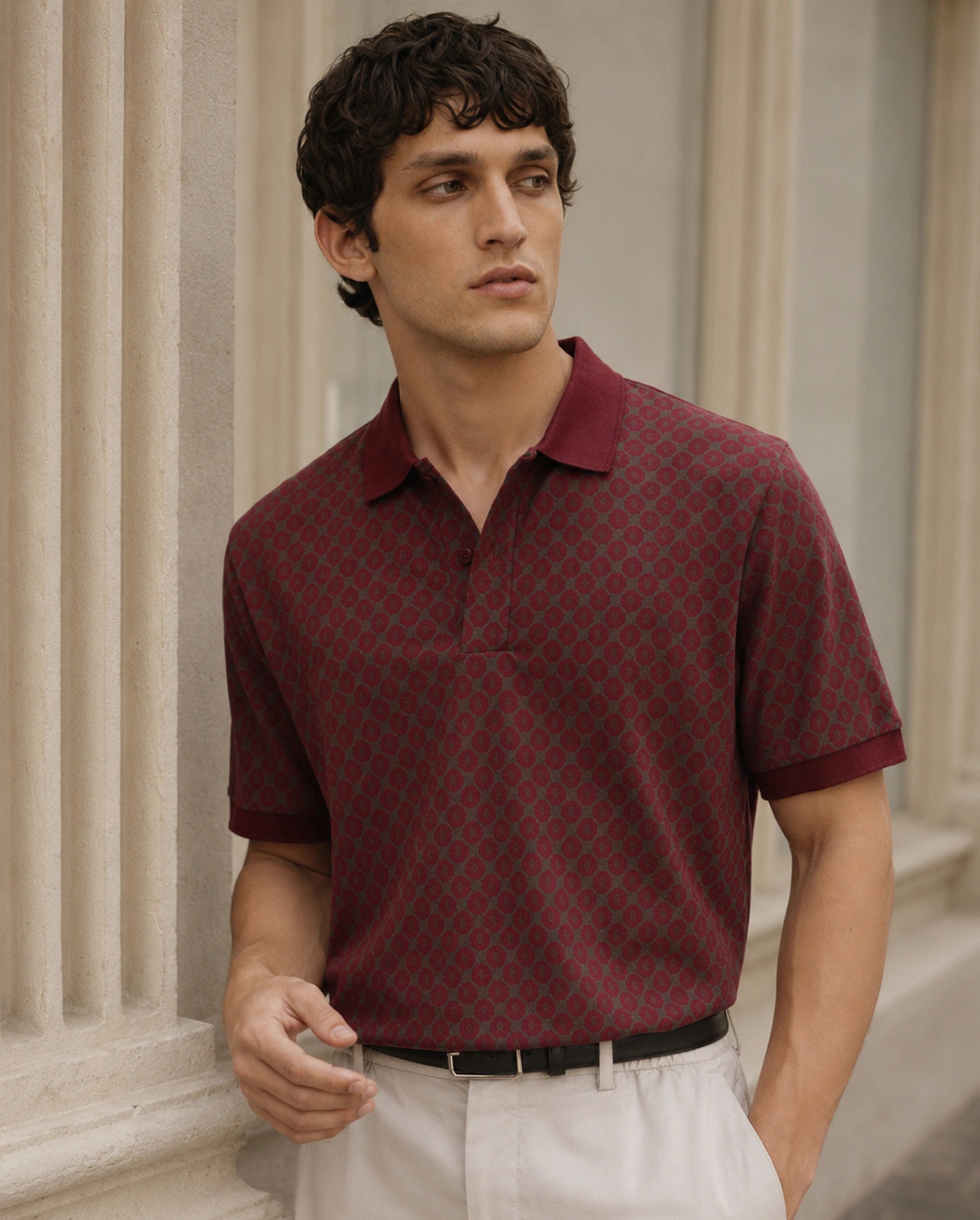 Rare Rabbit Men's Post-P Dark Red Cotton Blend Spread Collar Regular Monogram Print Polo
