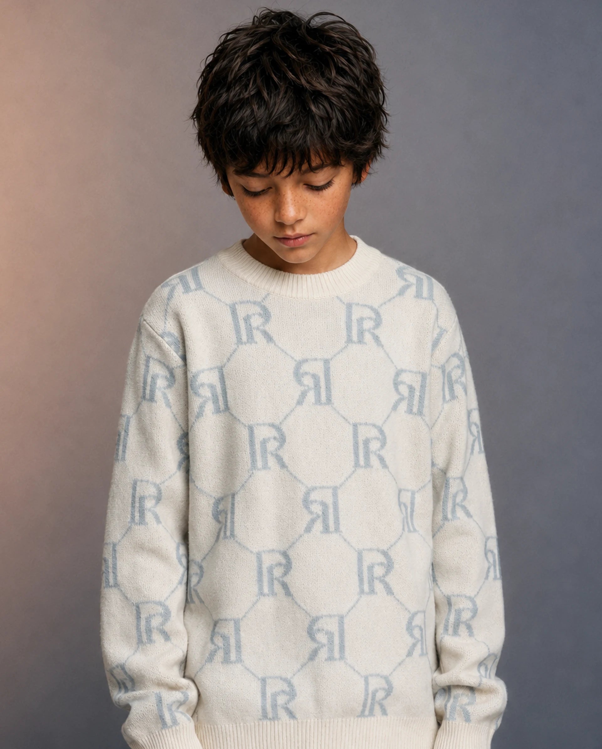 Rare Ones Kids Poston Off White Acrylic Fabric Pull-On Closure Regular Fit Monogram Print Sweater