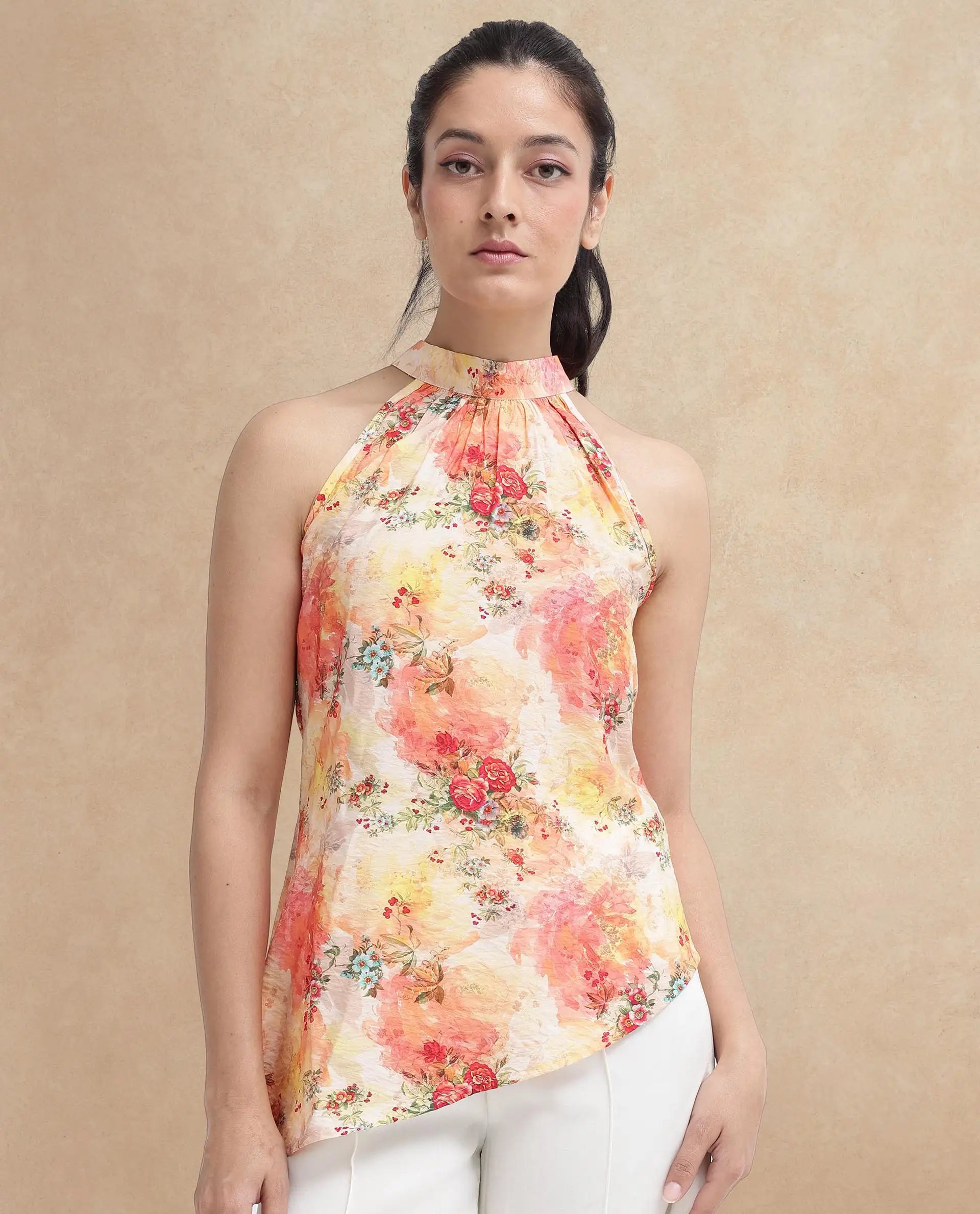 Rareism Women Potenza Pastel Multi Sleeveless Halter Neck Tie Up Floral Print Top