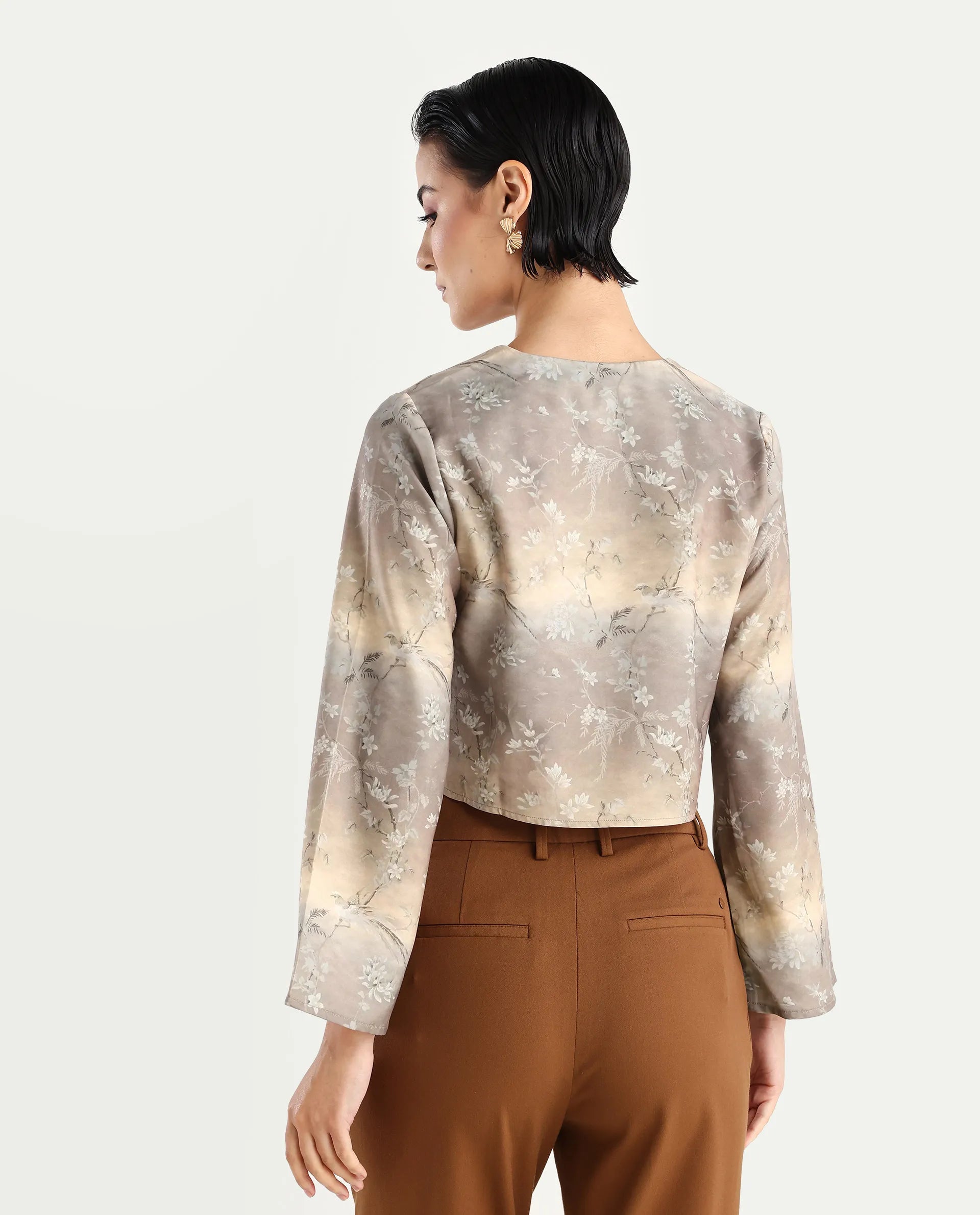 Rareism Women's Poulop Dusky Black Satin V-Neck Floral Print Bell Sleeve Crop Regular Fit Top