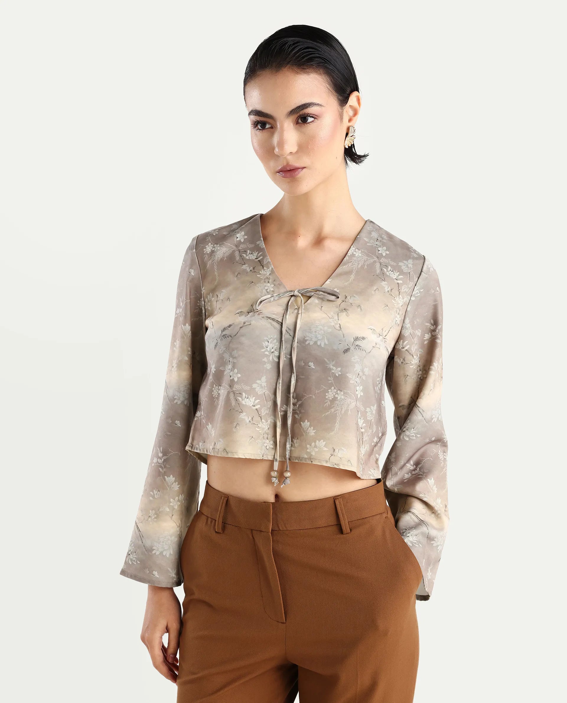 Rareism Women's Poulop Dusky Black Satin V-Neck Floral Print Bell Sleeve Crop Regular Fit Top