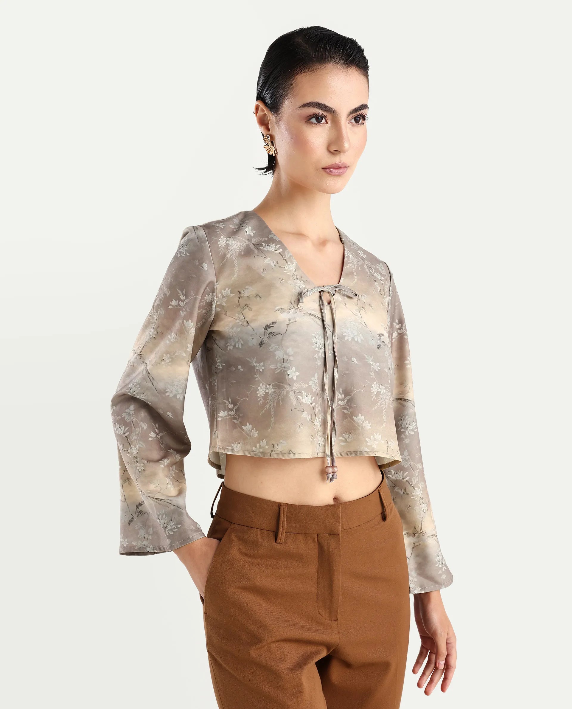 Rareism Women's Poulop Dusky Black Satin V-Neck Floral Print Bell Sleeve Crop Regular Fit Top