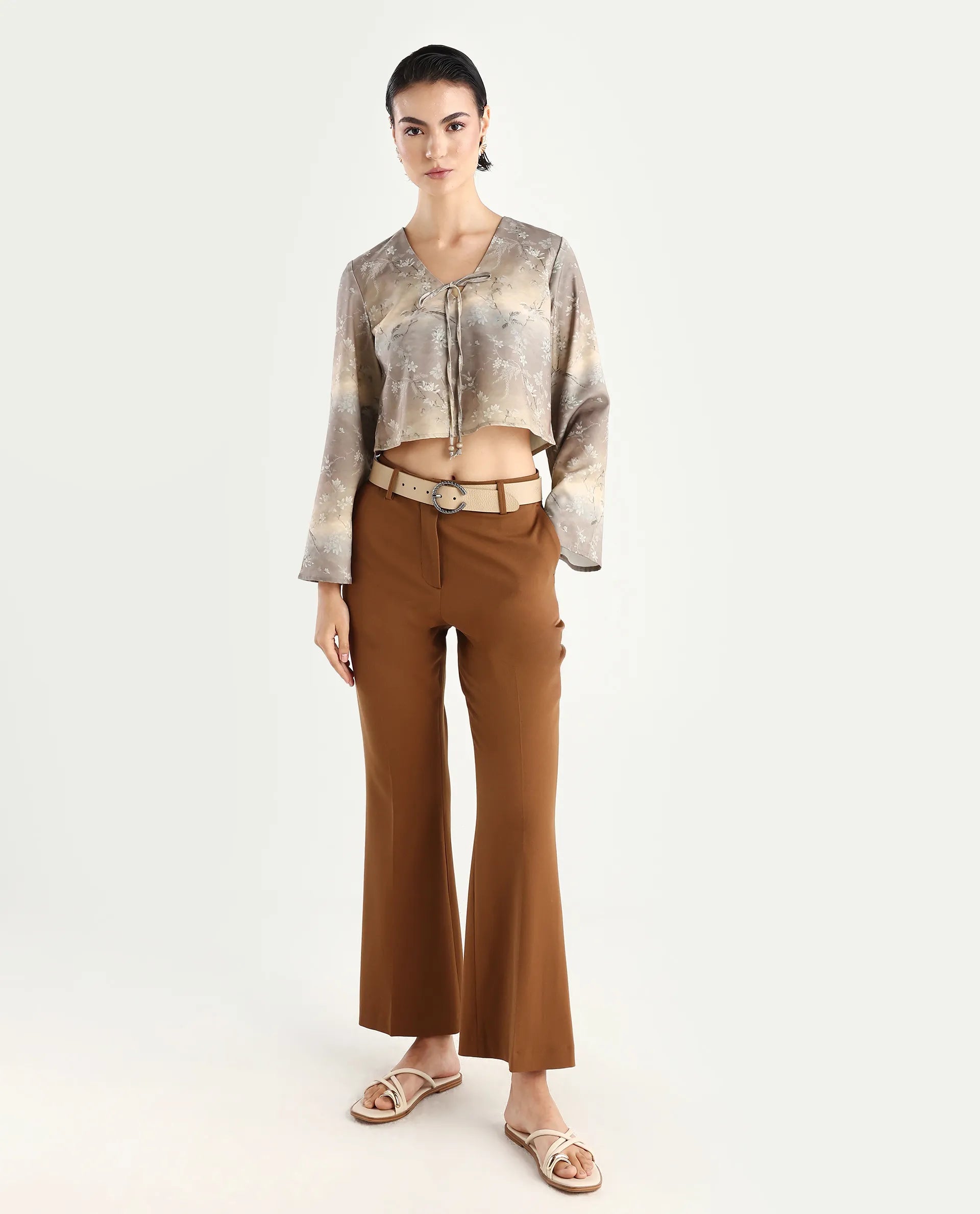 Rareism Women's Poulop Dusky Black Satin V-Neck Floral Print Bell Sleeve Crop Regular Fit Top