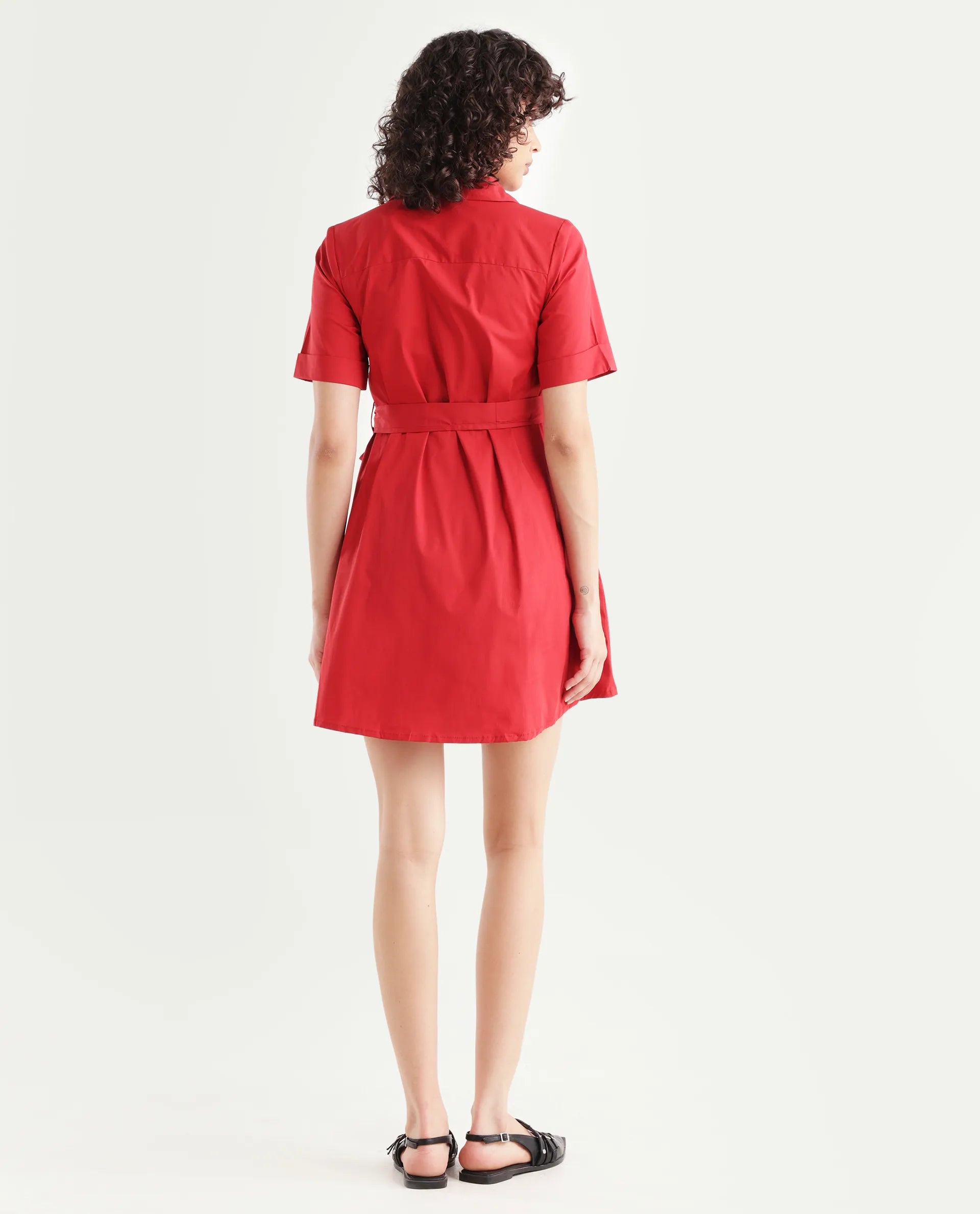 Rareism Women's Poutf Rust Cotton Blend Drop Collar Plain Mini Flared Dress