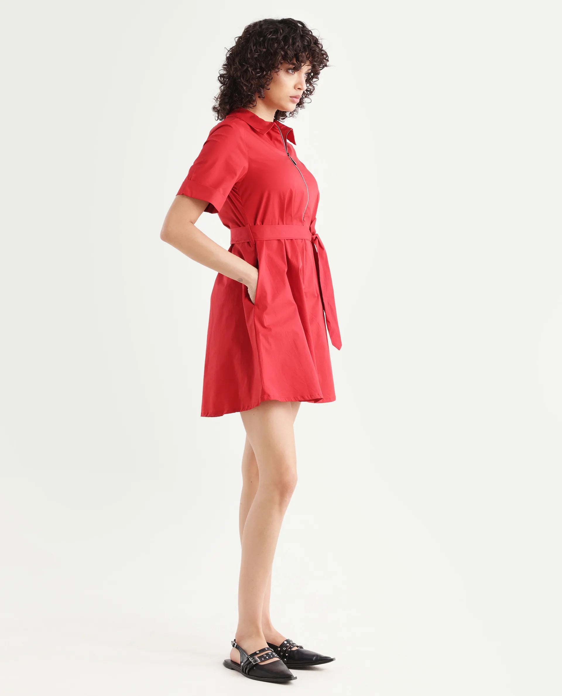 Rareism Women's Poutf Rust Cotton Blend Drop Collar Plain Mini Flared Dress