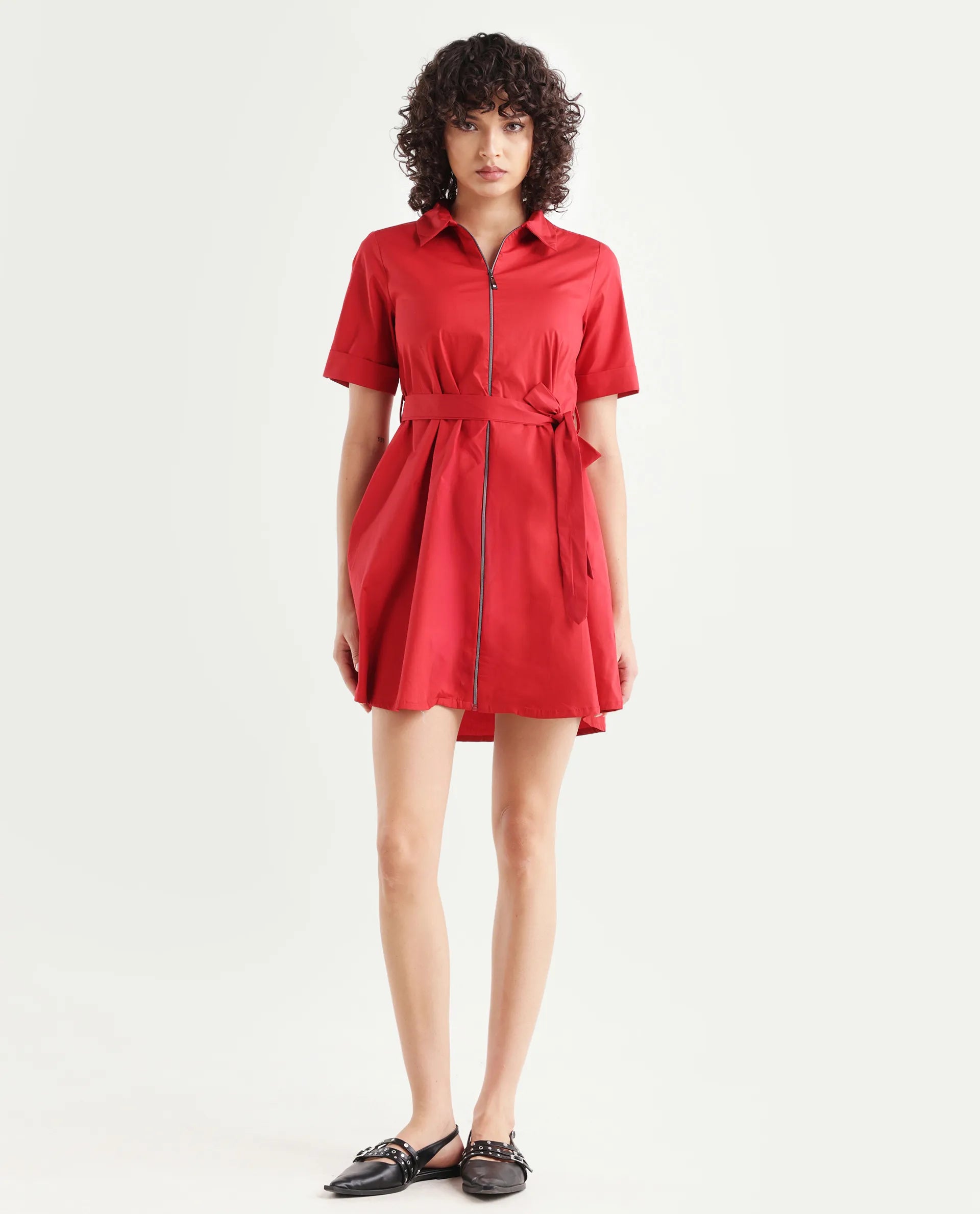 Rareism Women's Poutf Rust Cotton Blend Drop Collar Plain Mini Flared Dress