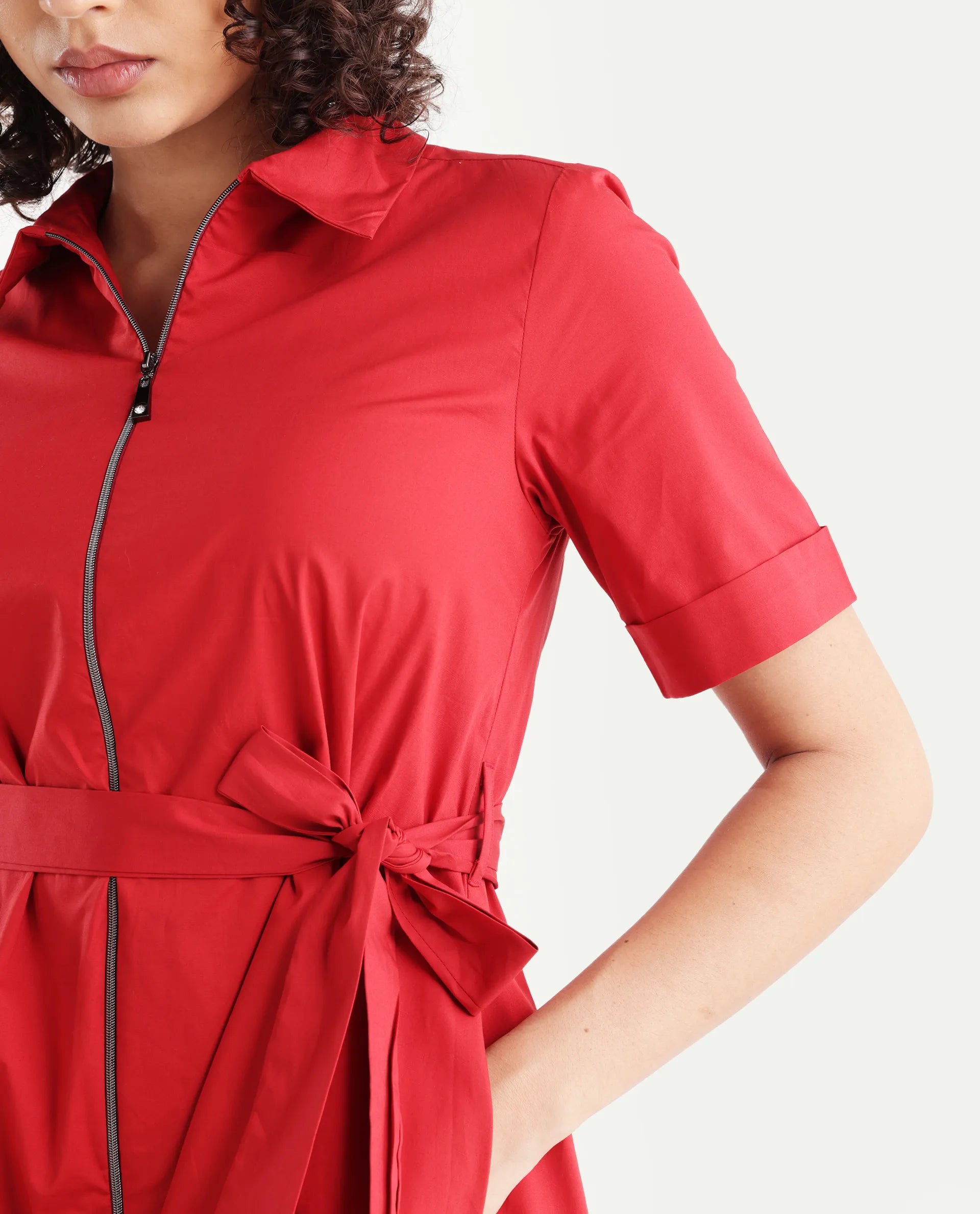 Rareism Women's Poutf Rust Cotton Blend Drop Collar Plain Mini Flared Dress