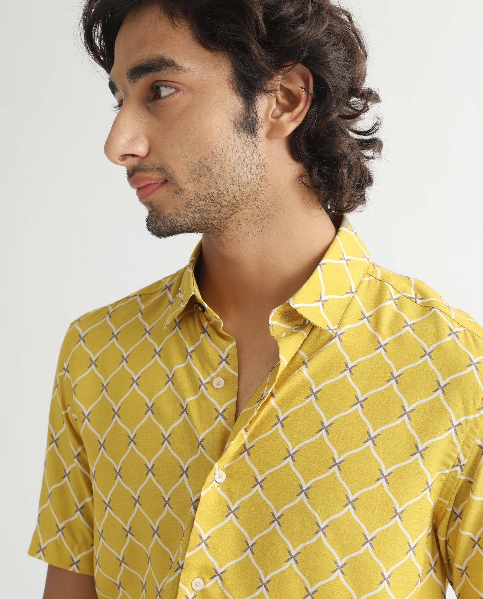 Rare Rabbit Men's Braga Mustard Viscose Fabric Geometric Print Half Sleeves Shirt