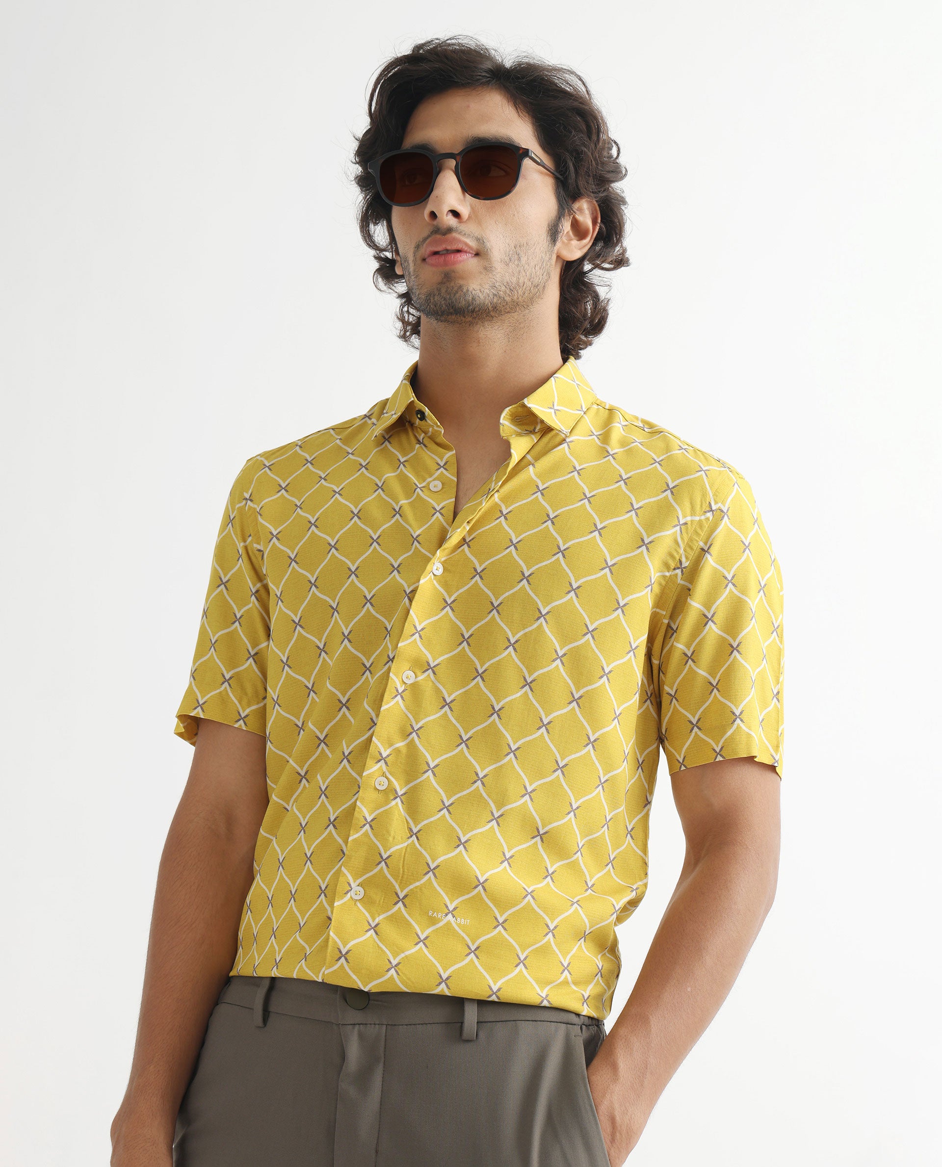 Rare Rabbit Men's Braga Mustard Viscose Fabric Geometric Print Half Sleeves Shirt