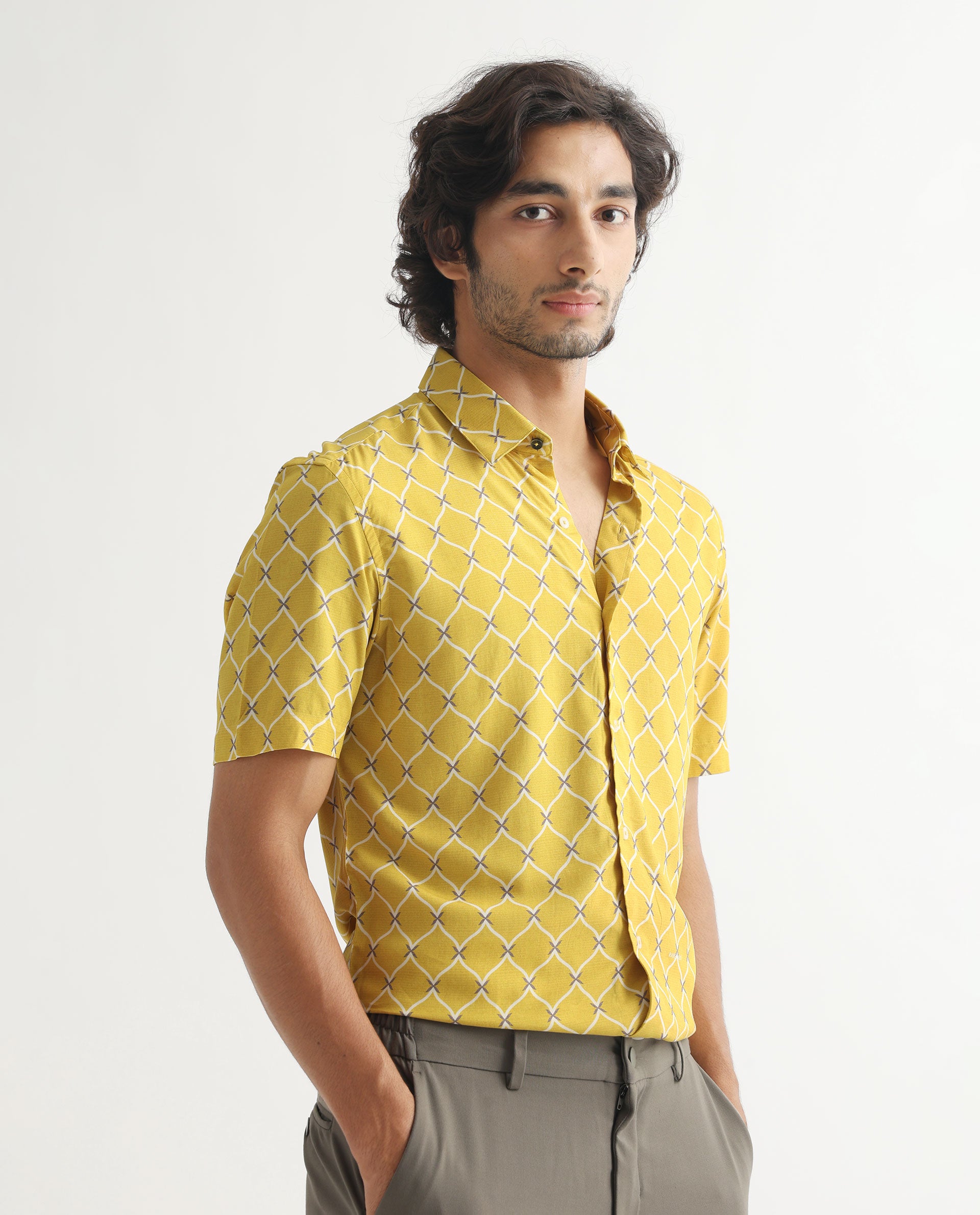 Rare Rabbit Men's Braga Mustard Viscose Fabric Geometric Print Half Sleeves Shirt
