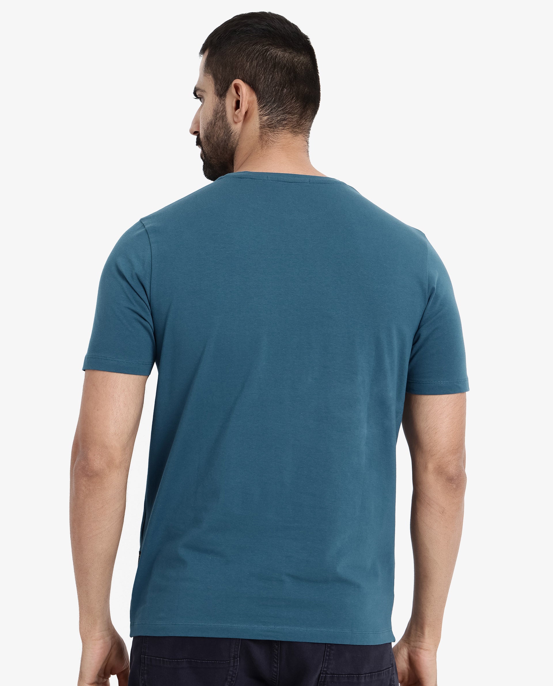 Rare Rabbit Men Pran Turq Cotton Fabric Short Sleeve Crew Neck Regular Fit Graphic Print T-Shirt